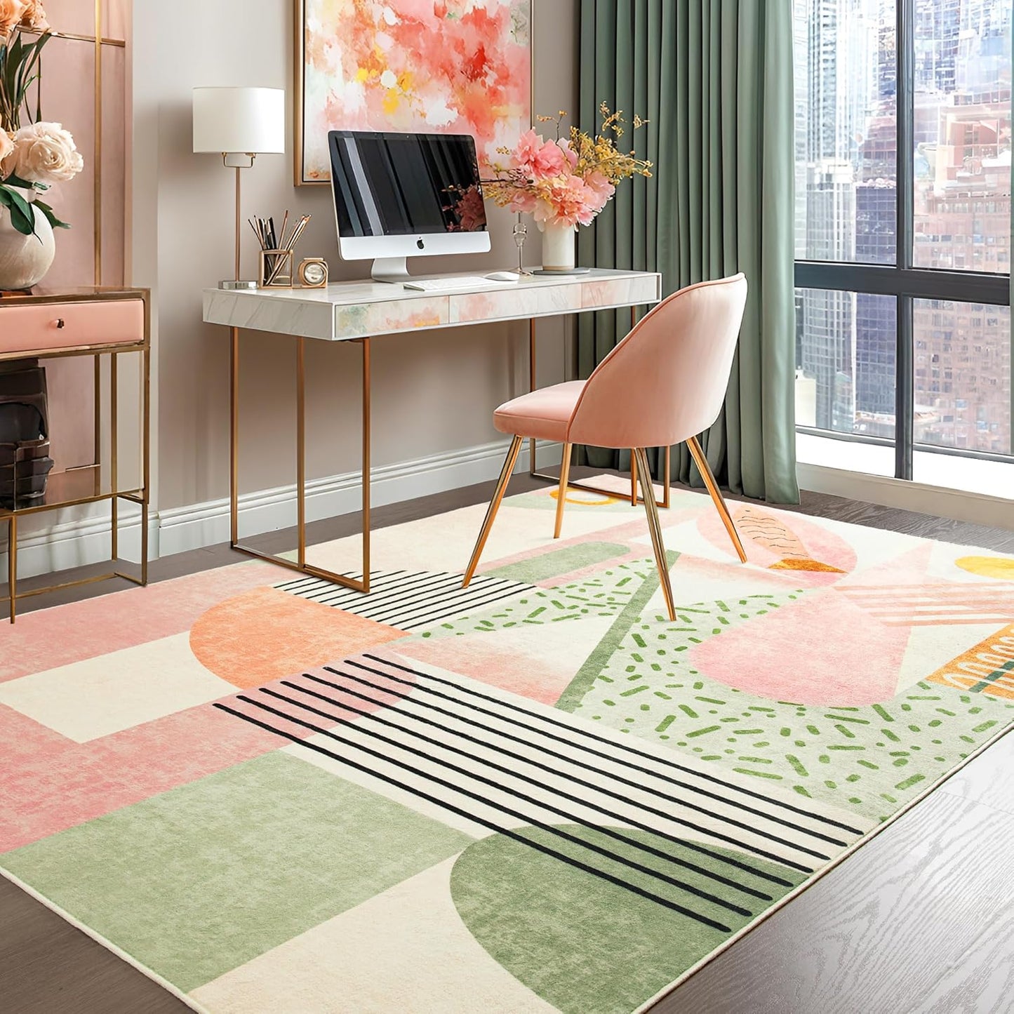 Pink Area Rug for Living Room, 5X7 Indoor Carpet for Bedroom Washable, Non-Slip Abstract Print Kids Rug for Nursery Playroom Classroom Dorm Office Dining Room