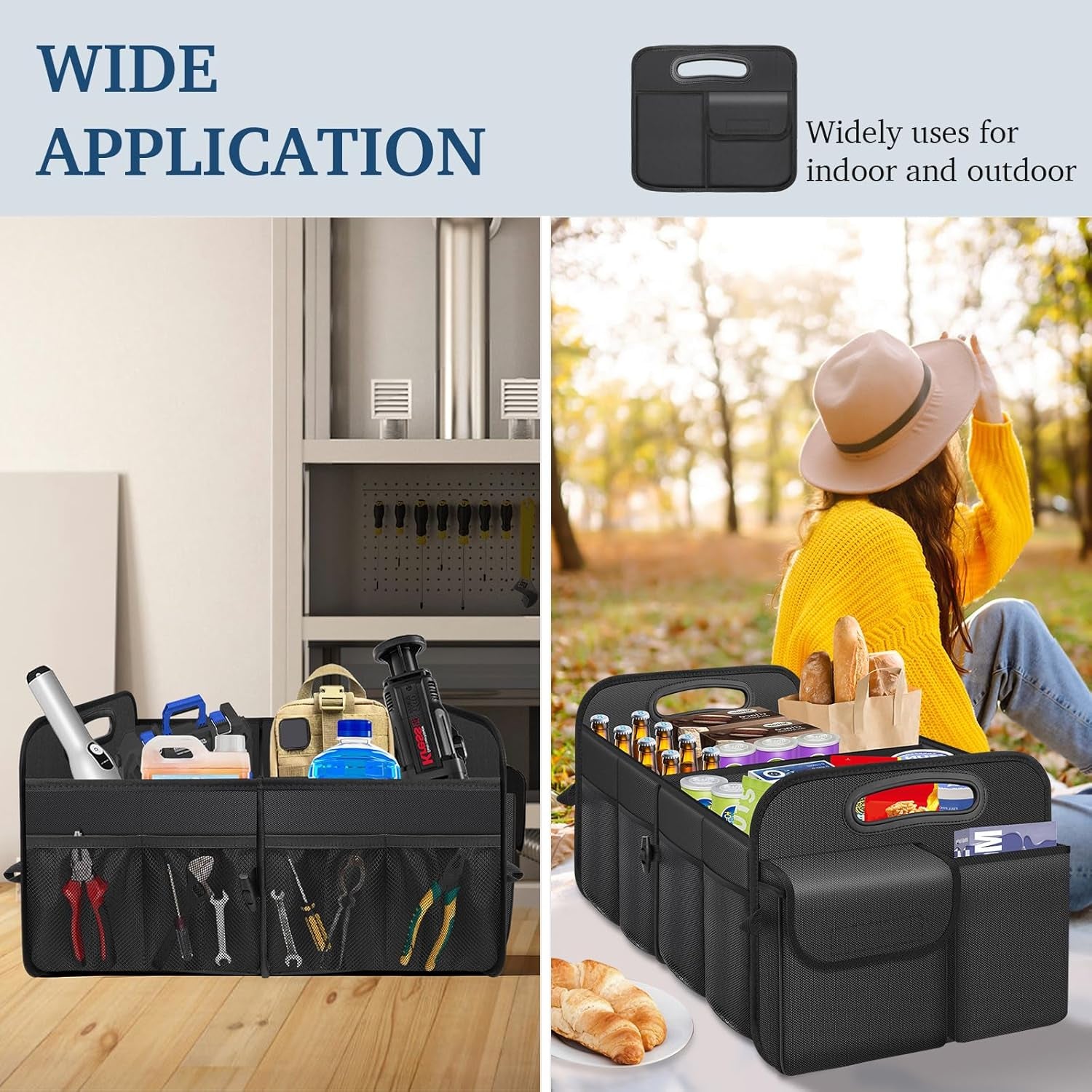 Car Trunk Organizer with Large Capacity Waterproof Car Accessories for Women & Men, Collapsible Trunk Organizer for Suv/Jeep/Sedan (Black, Standard)