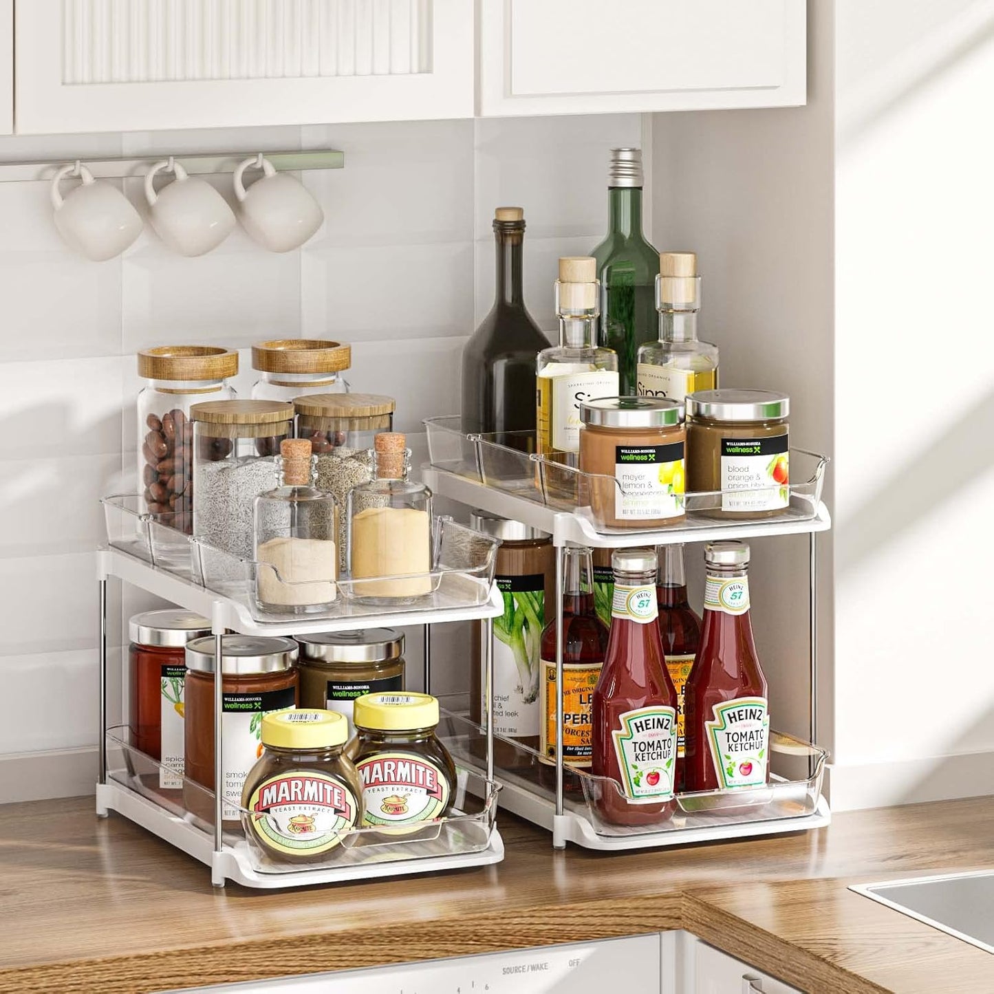 2 Sets of 2-Tier Multi-Purpose Bathroom under Sink Organizers and Storage, Stackable Kitchen Pantry Organization, Pull Out Medicine Cabinet Organizer with 8 Movable Dividers