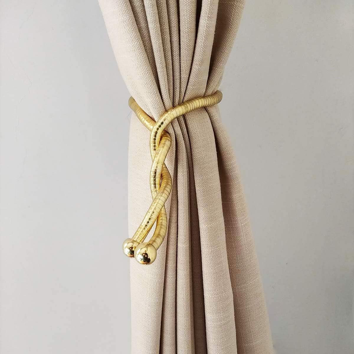 Curtain Tiebacks Clips, Decorative Drapes Holdbacks, Handmade Metal Rope Tiebacks, Creative Window Drapes Twist Tie Backs, Curtain Holders(Gold, 2 Pack)