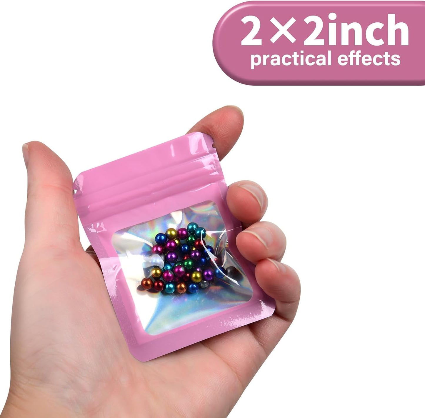 100-Pack 2×2 Inch Mylar Bags with Clear Window Holographic Resealable Sealable Packaging Zip Bag for Small Bussiness Jewelry Candy Sample Food Packing Supplies (Pink)