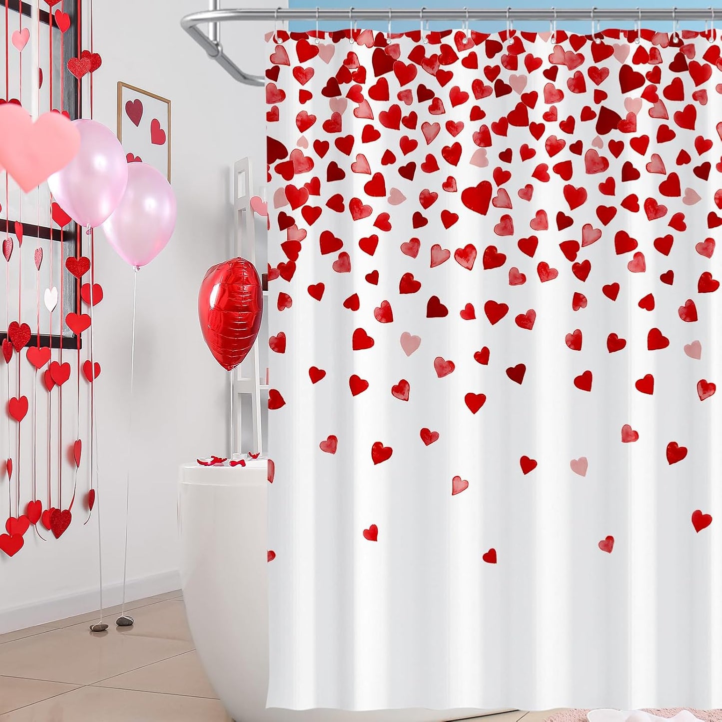 71 X 71 Inches Valentines Day Shower Curtain Top with Pink and Red Love Heart Romantic Bathroom Curtain Waterproof Polyester Curtain Hooks Set for Valentine'S Day Bathroom Decorations