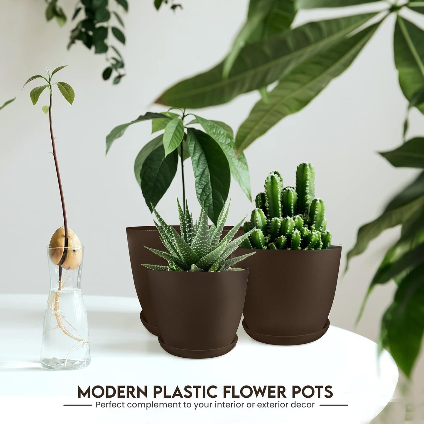Plastic Planters - Flower Nursery Pots Indoor Modern Decorative Plastic Pots for Plants, Succulents, Flowers, and Cactus (5 Pack, Multisize, Brown)