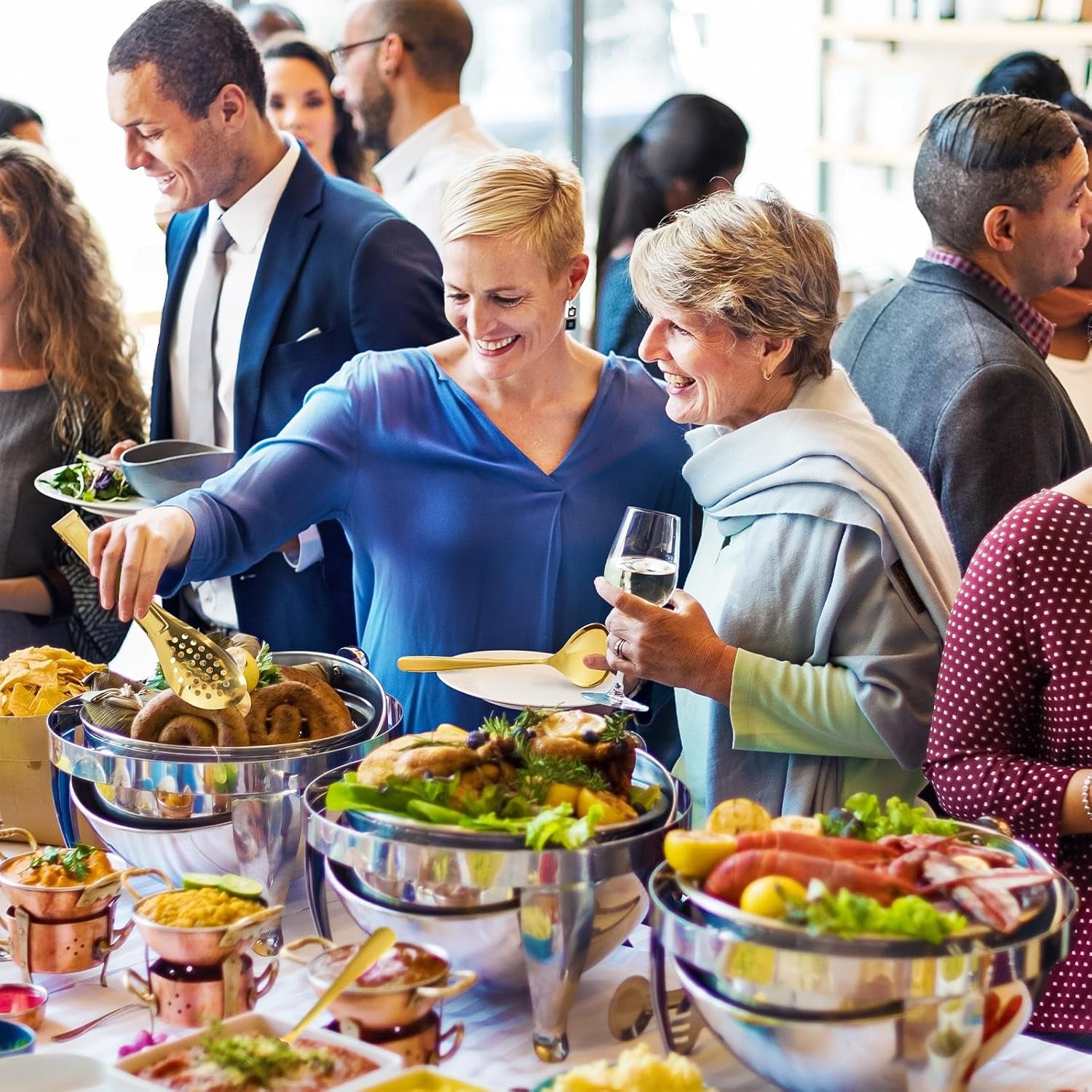 Gold Serving Utensils Set, 12 Pack Polished Stainless Steel, Includes Spoons, Forks, Tongs, Ladle, Cake Server (Gold)