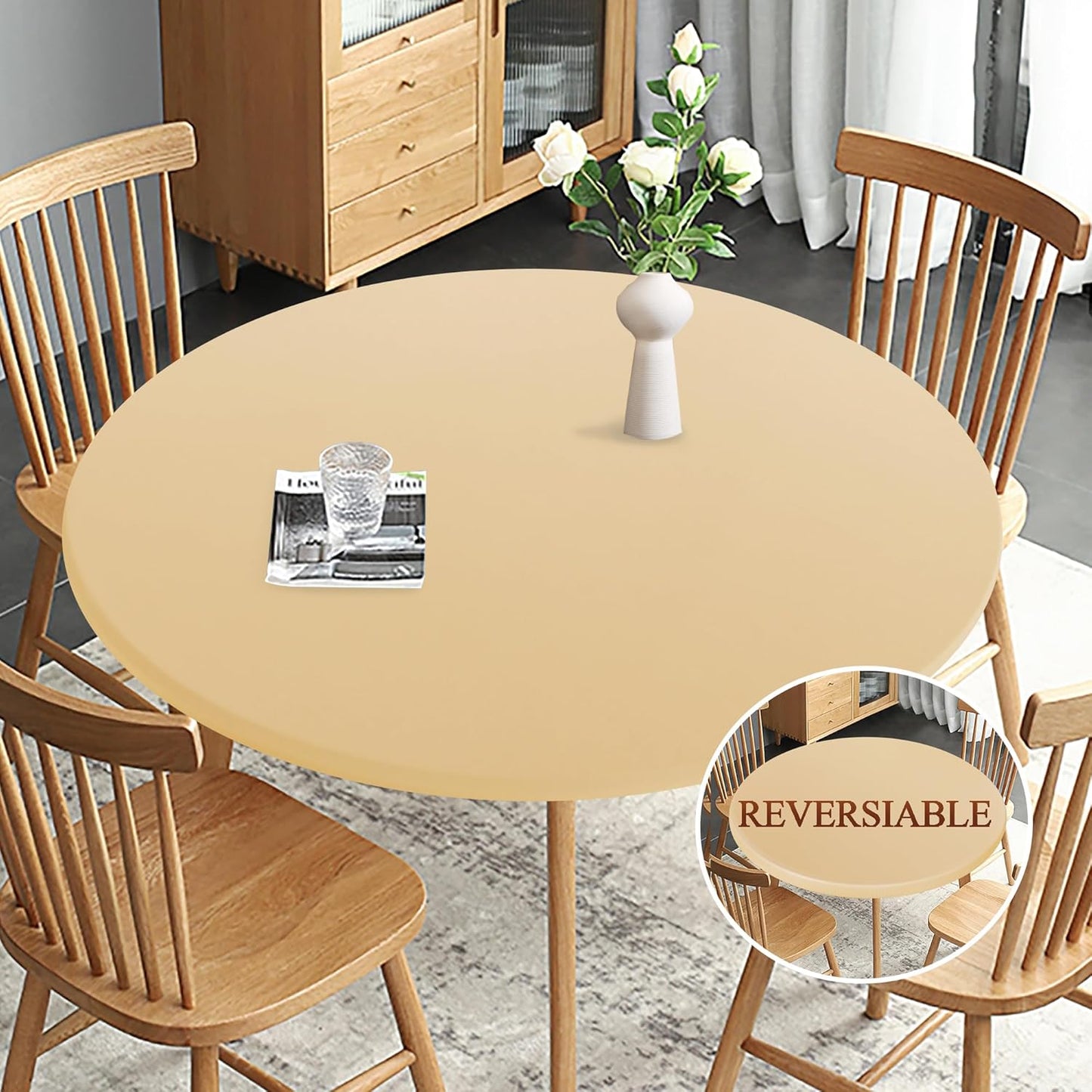 Fitted round Table Cloth, Reversible Waterproof Stain Resistant Elastic Stretch Tablecloth, Wipe Clean Table Cover for Outdoor/Indoor Use, Fits round Tables up to 40" - 44" Diameter, Champgane