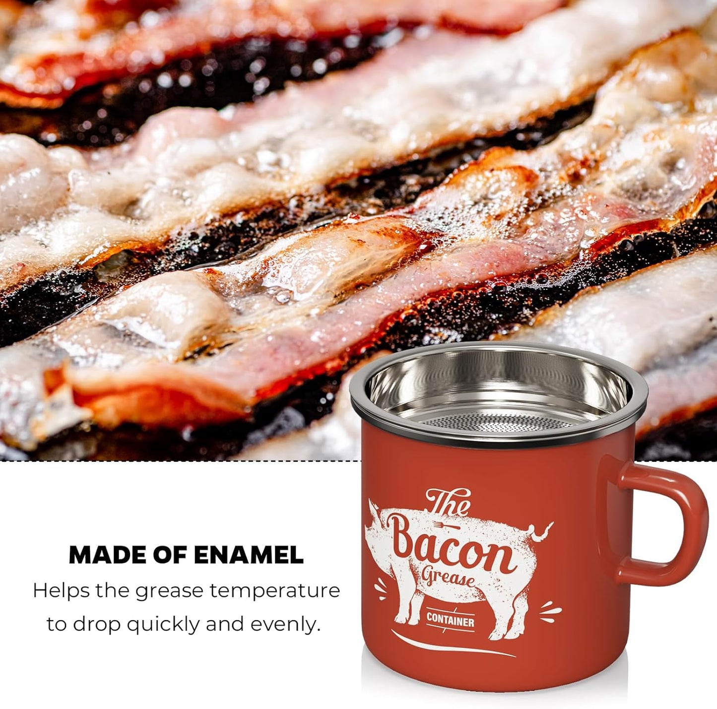 Mini Bacon Grease Container with Strainer - 15OZ Enamel Grease Saver, Farmhouse Bacon Grease Keeper for Kitchen Fat Storage, Dishwasher Safe-Red