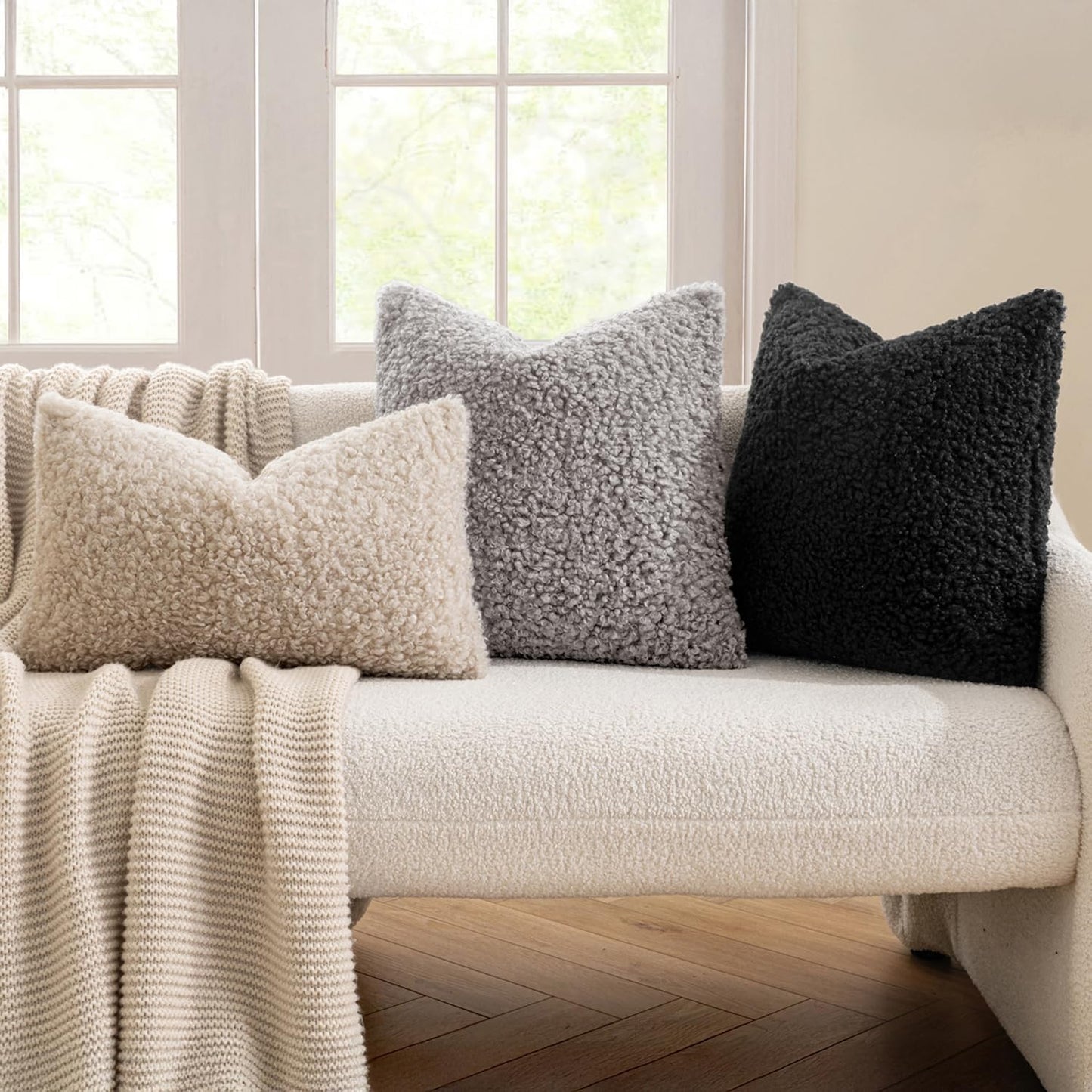 Pack of 2 Throw Pillow Covers 18X18 Inch Neutral Black Faux Fur Decorative Sherpa Pillow Covers Fuzzy Accent Soft Sheepskin Fleece Cushion Cases for Boho Home Decor Couch Living Room Bed