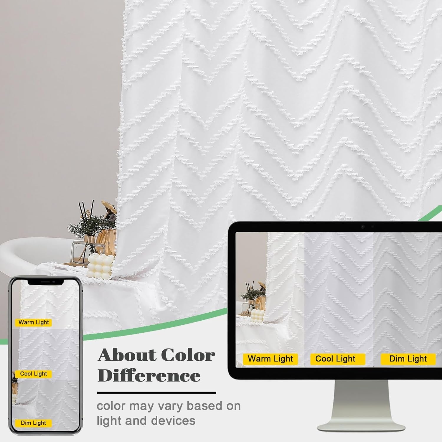 Boho Shower Curtain, White Fabric Cloth Shower Curtains Farmhouse Tufted Chevron Striped Textured with Tassel for Bathroom, Soft Hotel Style Modern Minimalist, Machine Washable, 72X72, White
