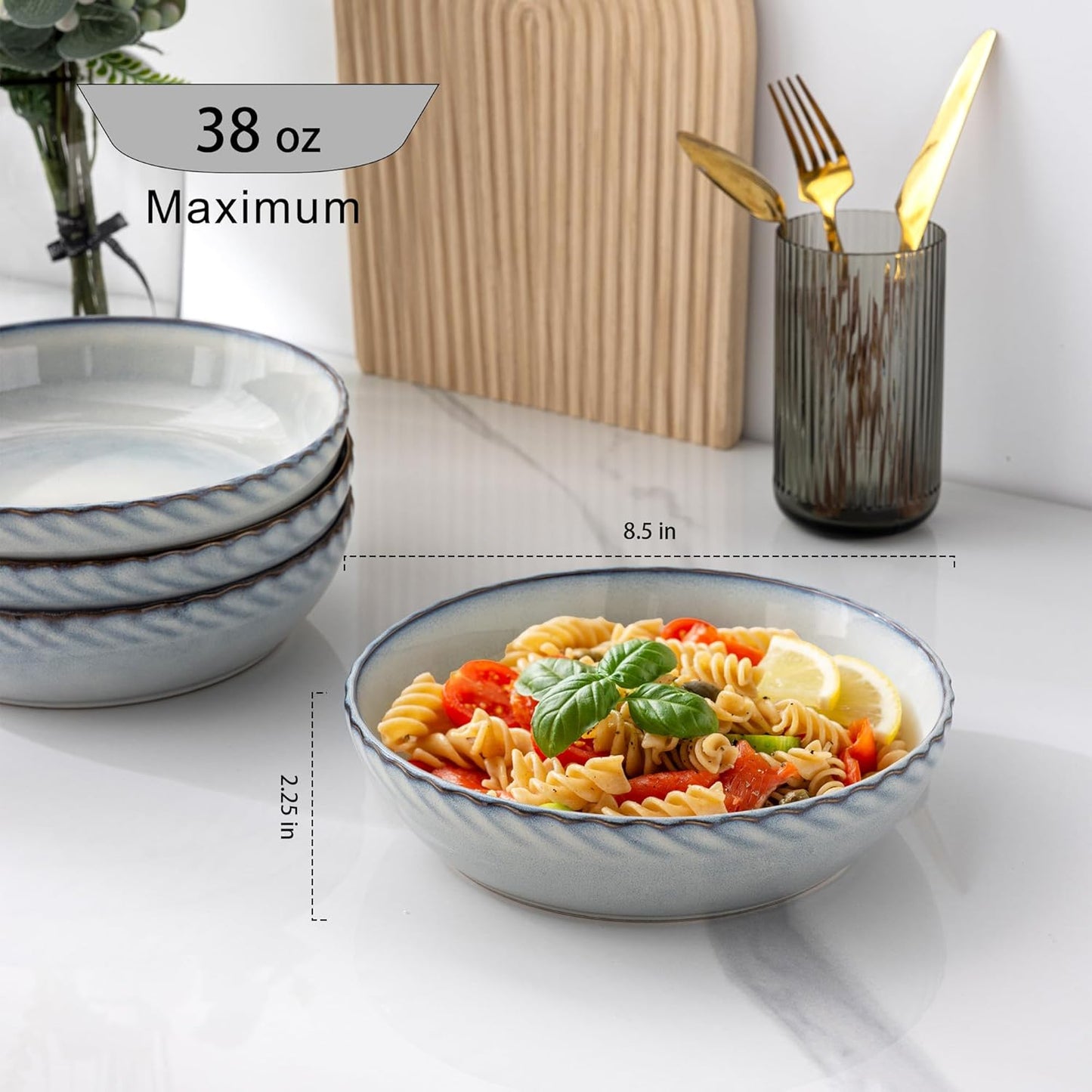 Set of 4 Large 8.5'' Stoneware Pasta and Salad Bowls, 38 Ounce Capacity, Textured Ceramic Serving Bowls for Pasta, Fruit, Stews, and Noodles - Ideal Housewarming Gift