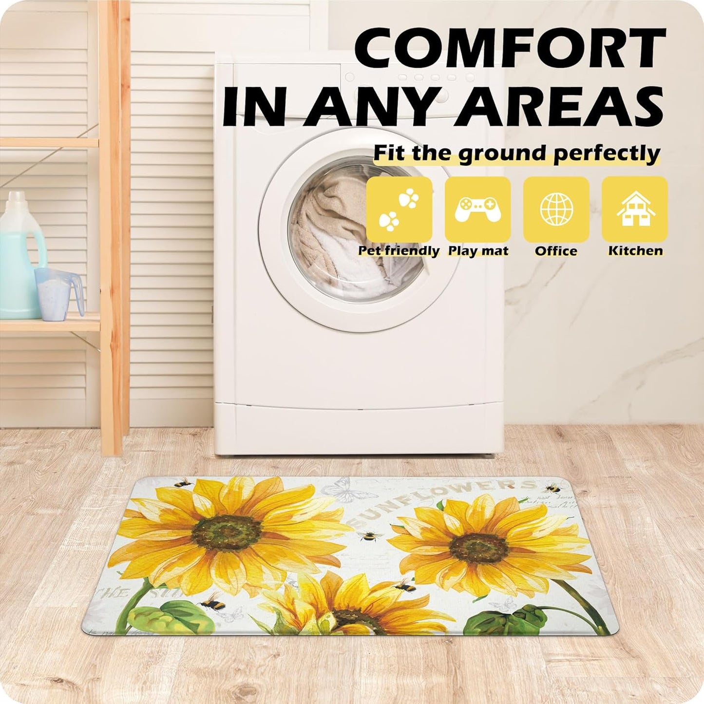 Vintage Yellow Sunflower Kitchen Rugs Mats Set of 2 Non-Slip Anti-Fatigue Kitchen Floor Mat Classic Farmhouse Blooming Sunflowers 0.4 Inch Thick Kitchen Mat for Kitchen, 17.3X28+17.3X47 Inch