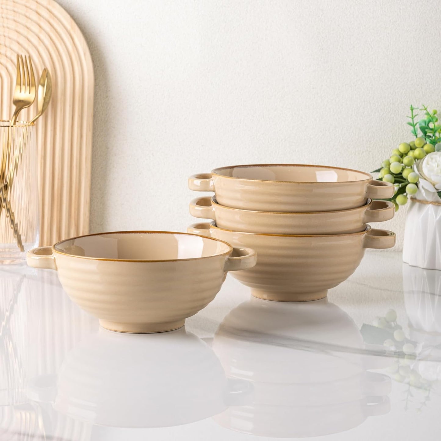 Ceramic Soup Bowls with Double Handles, 24 oz Set of 4 - Ideal for Soup, Cereal, Stew, Salad, Noodles, Ramen - Microwave and Dishwasher Safe