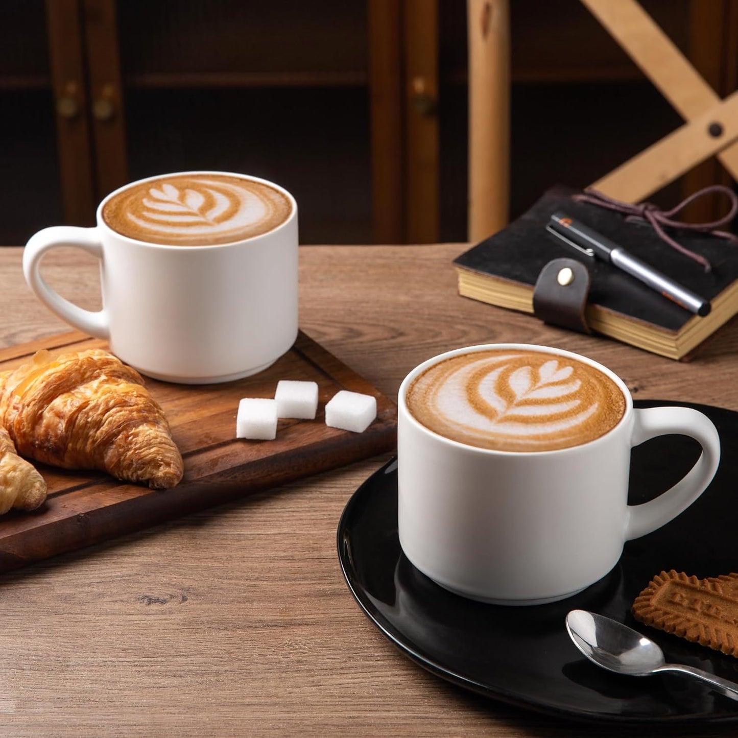 14 oz Stackable Ceramic Coffee Mug Set of 6, Modern Design for Latte, Tea, and Cappuccino, Dishwasher and Microwave Safe, Matte White Finish