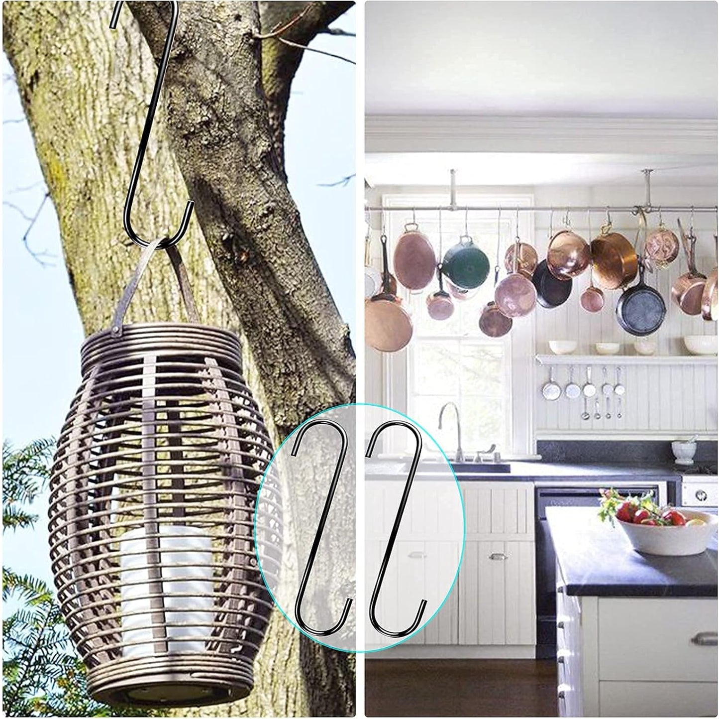 8-Inch Heavy-Duty S Hooks, 6-Pack Extra Large Metal S-Shaped Hooks for Outdoor Plant Hanging, Closet Organization, Flower Baskets, Patio Use, Bird Feeders, Bird Houses, and Kitchen Pots and Pans (Black)