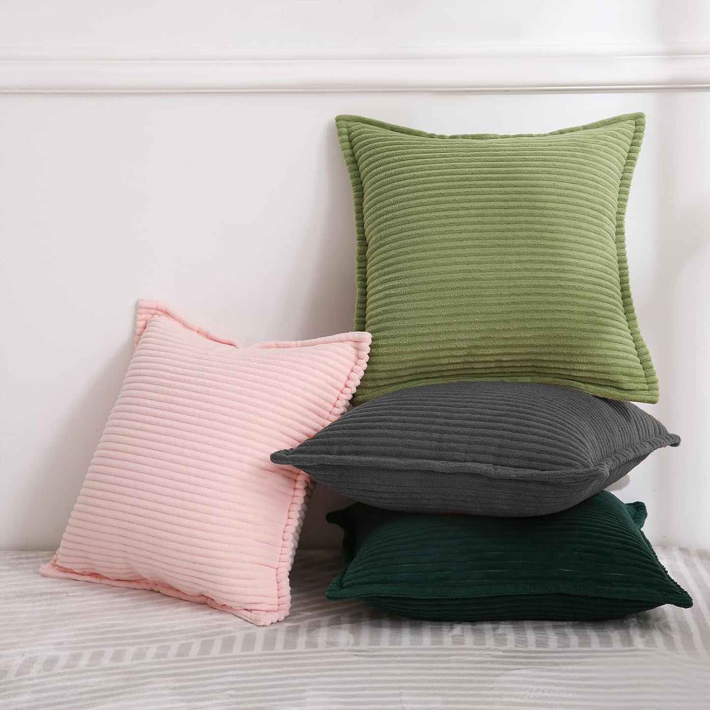 Corduroy Dark Grey Throw Pillow Covers Set of 2 Striped Boho Decorative with Edge Design,Super Soft Throw Pillow Cushion Covers for Couch Sofa Living Room Solid Square 18×18Inch/45Cm×45Cm