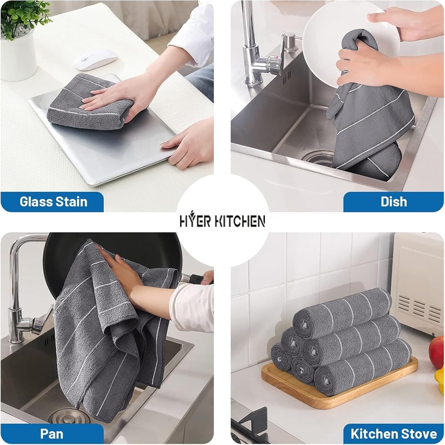 Microfiber Kitchen Towels - Super Absorbent, Soft and Thick Dish Towels, 8 Pack (Stripe Designed Grey Colors), 26 X 18 Inch