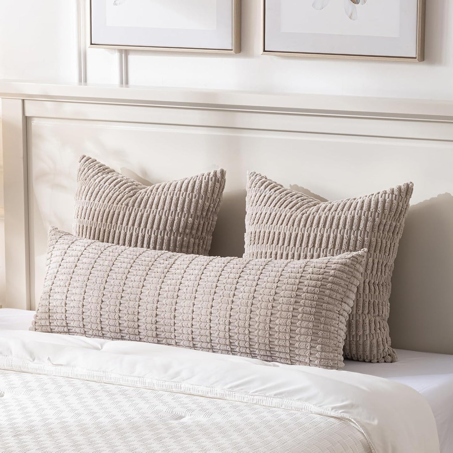 Taupe Long Lumbar Decorative Throw Pillow Covers 14X36 Inch for Bed Couch Bed Sofa, Rustic Farmhouse Boho Room Decor, Soft Striped Corduroy Rectangle Cushion Case 35X91 Cm