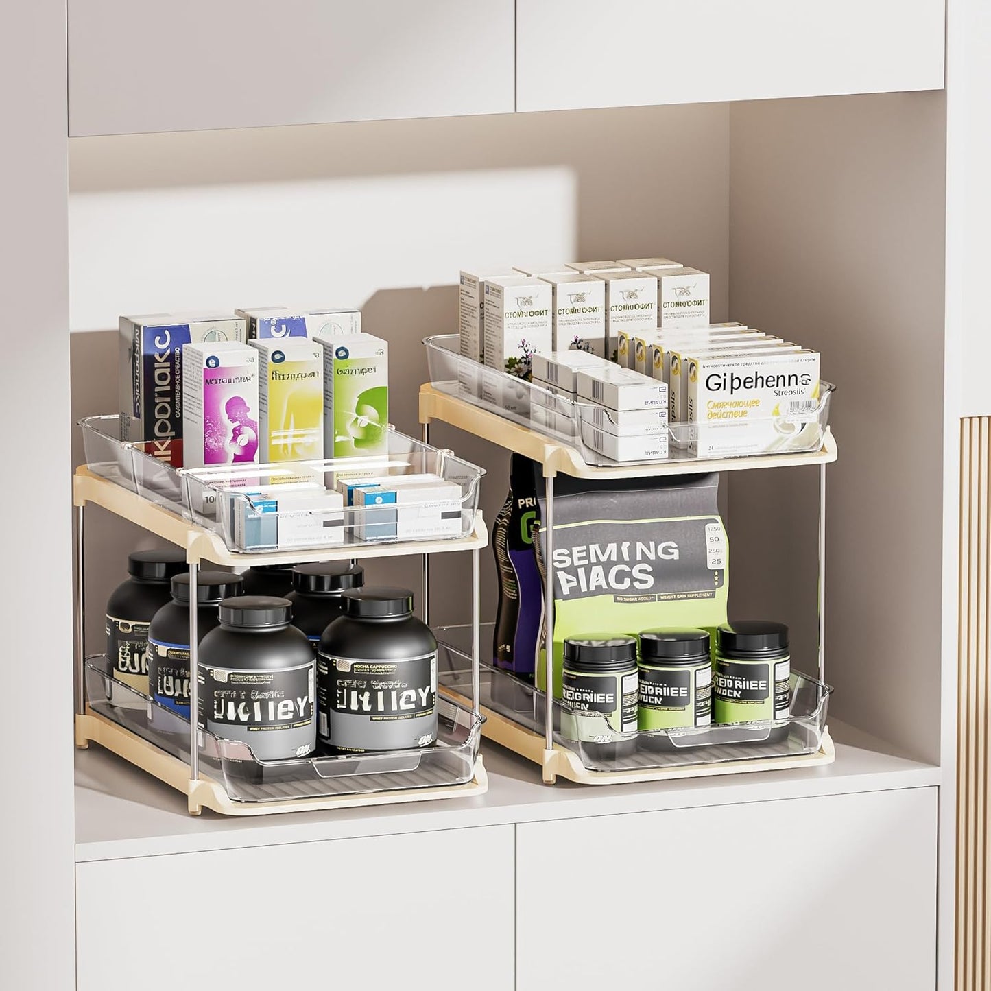 2 Sets of 2-Tier Multi-Purpose Bathroom Cabinet under Sink Organizers and Storage, Stackable Kitchen Pantry Organization and Storage, Beige