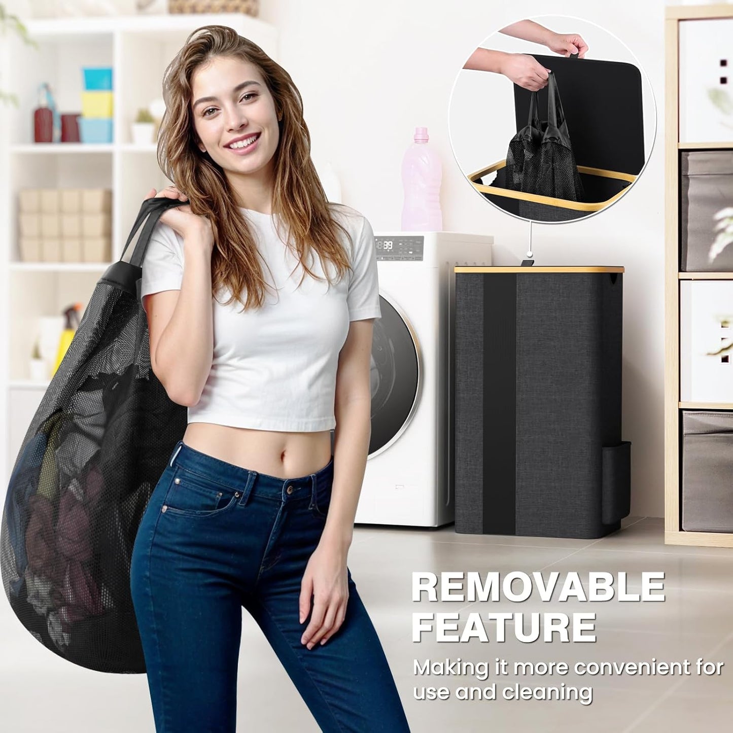100L Laundry Basket with Lid, Removable Hamper and Handles, Breathable Design for Bedroom, Bathroom, Dorm, and Laundry Room - Dark Grey