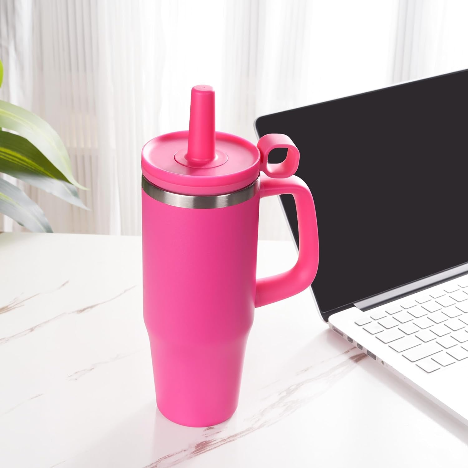 32Oz Water Bottle with Straw, Tumbler with Handle & Lid, Insulated Water Bottle with Straw Cover Cap, Travel Coffee Mug for Hot/Iced Water, Tea or Coffee, Bpa-Free, Cupholder Friendly, Passion Pink