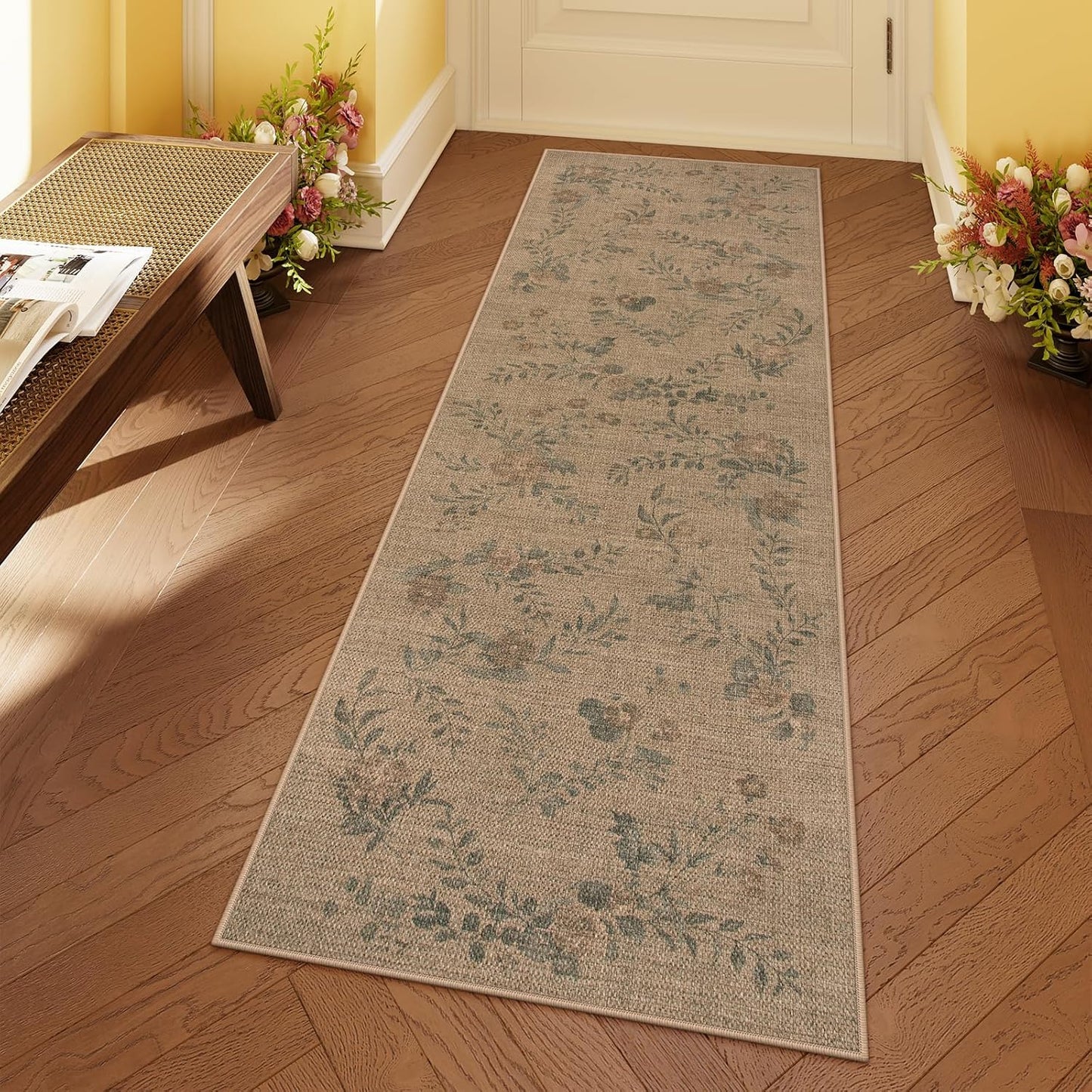 Floral Easy Jute Kitchen Runner Rug, 2X6 Carpet for Hallway 6Ft Non Slip Outdoor Mat for Entryway, Neutral Indoor Outdoor Runner Rugs Washable Carpet for Hallways