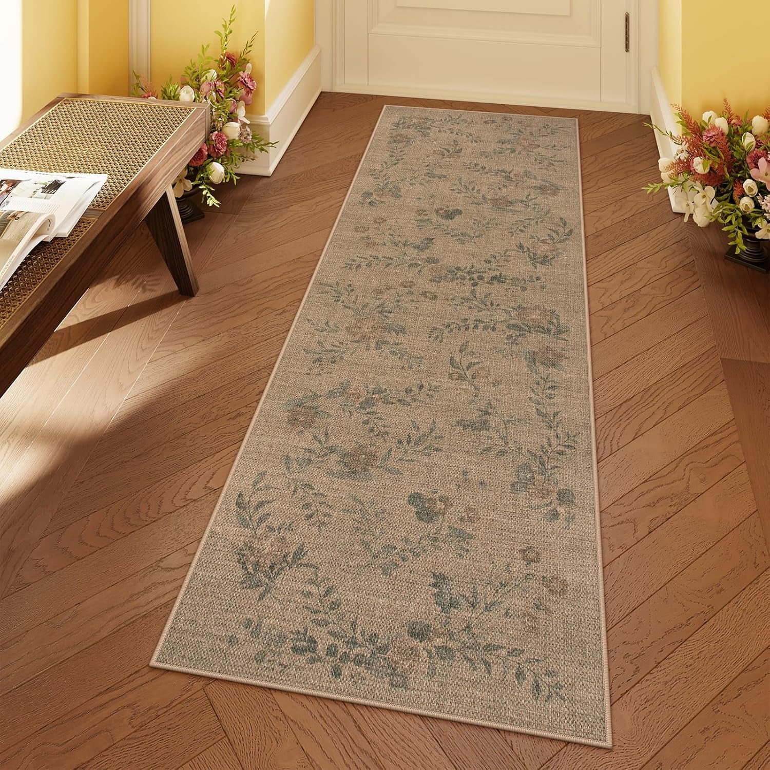Floral Easy Jute Kitchen Runner Rug, 2X6 Carpet for Hallway 6Ft Non Slip Outdoor Mat for Entryway, Neutral Indoor Outdoor Runner Rugs Washable Carpet for Hallways