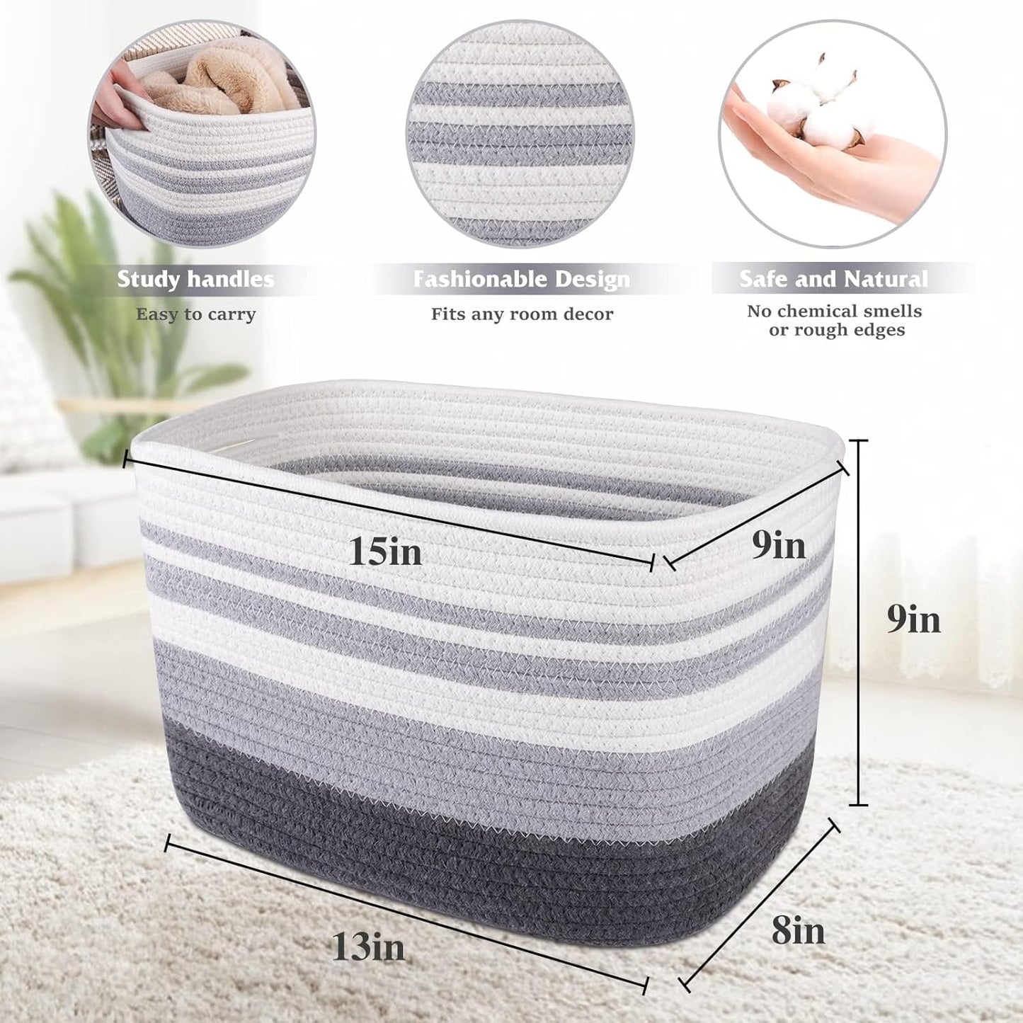 Storage Basket 3 Pack, Laundry, Blanket, Cotton Rope and Woven Baskets for Organizing, Toy Storage for Living Room, Laundry Room, Bedroom, Nursery, Grey