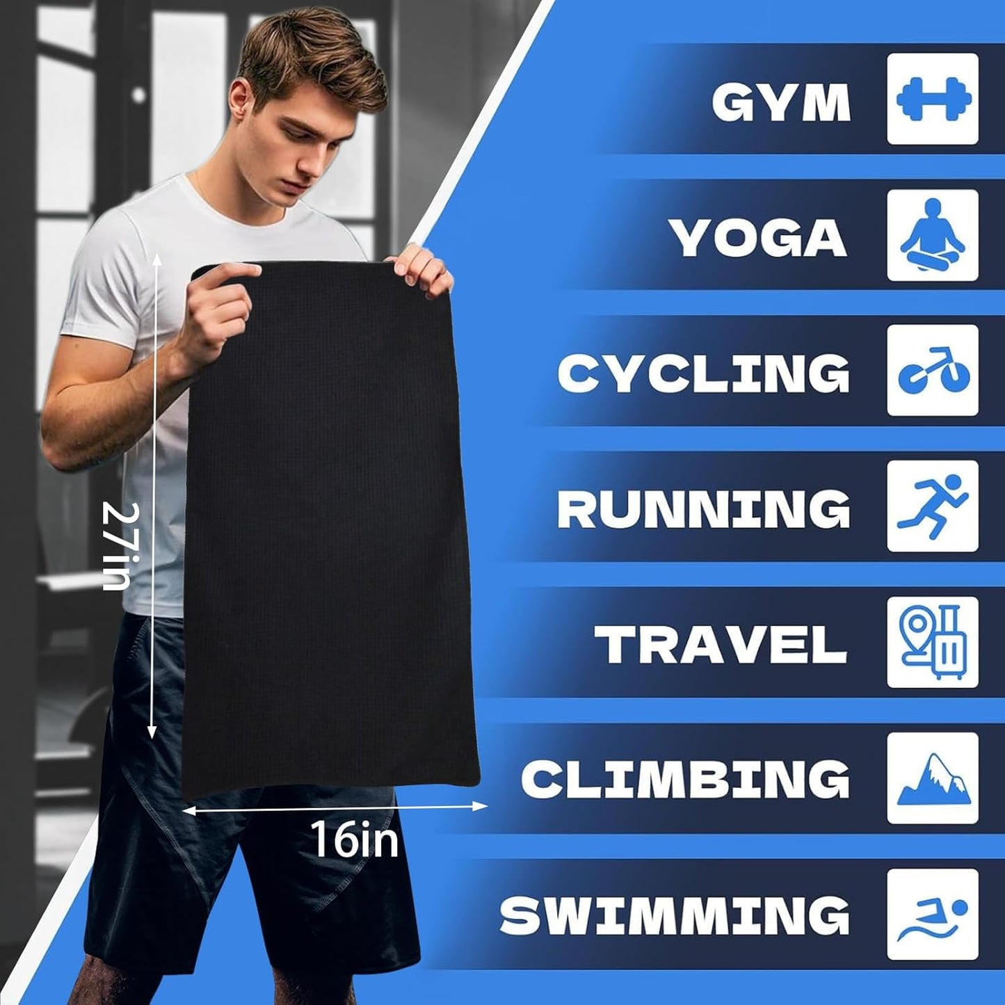Microfiber Gym Towels for Working Out, Quickly Dry Yoga Towels for Men & Women Tennis, 16 Inch X 27 Inch, 6 Pack, Black