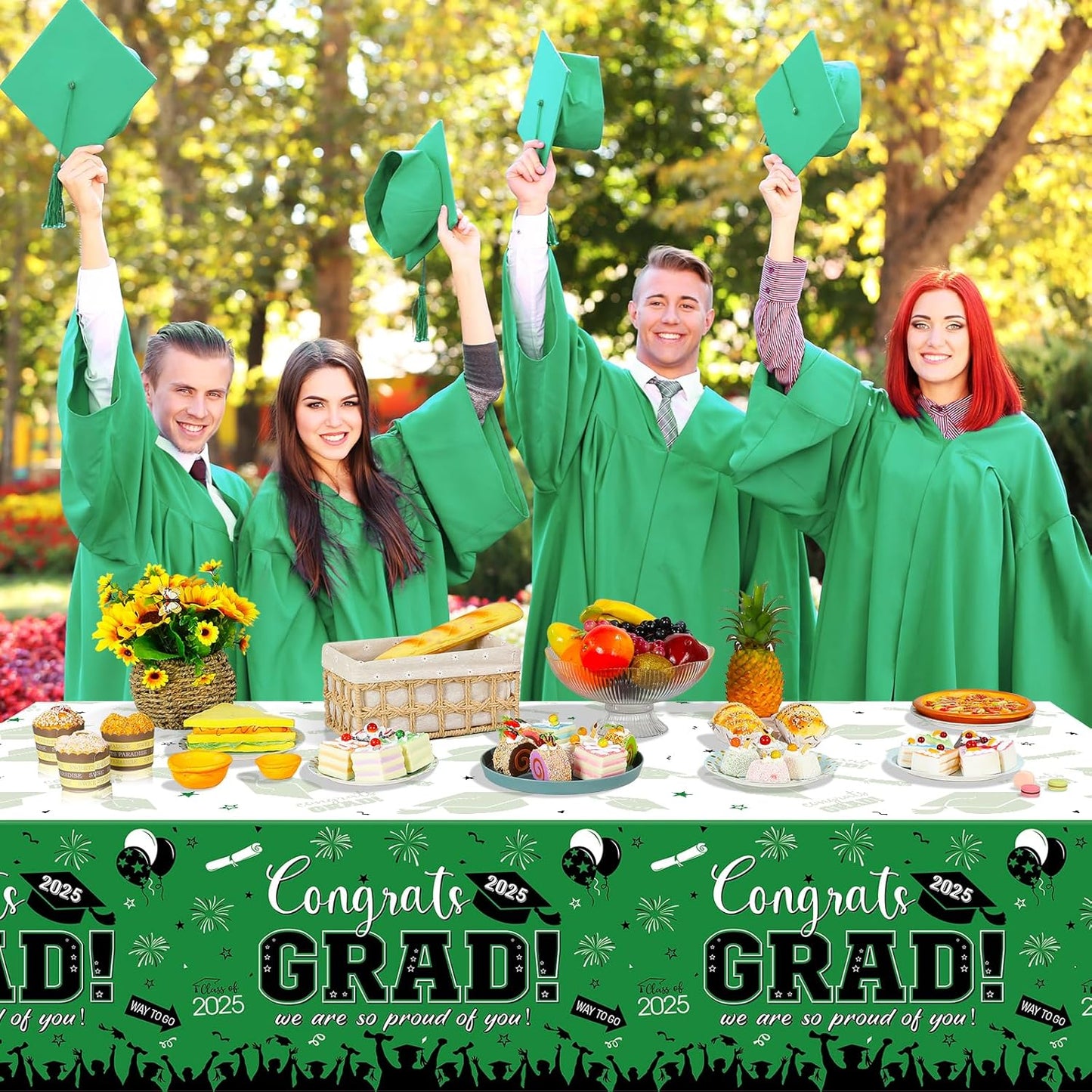 3 Pack Graduation Tablecloth Party Decorations, Class of 2025 Congrats Grad Plastic Tablecover Party Supplies, Green Rectangle Graduation Table Decorations for College High School Party, 54 X 108 Inch