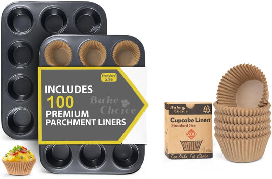 200Pcs Standard Cupcake Liners and 2 Pack Standard Muffin Pan with 100 Natural Cupcake Liners