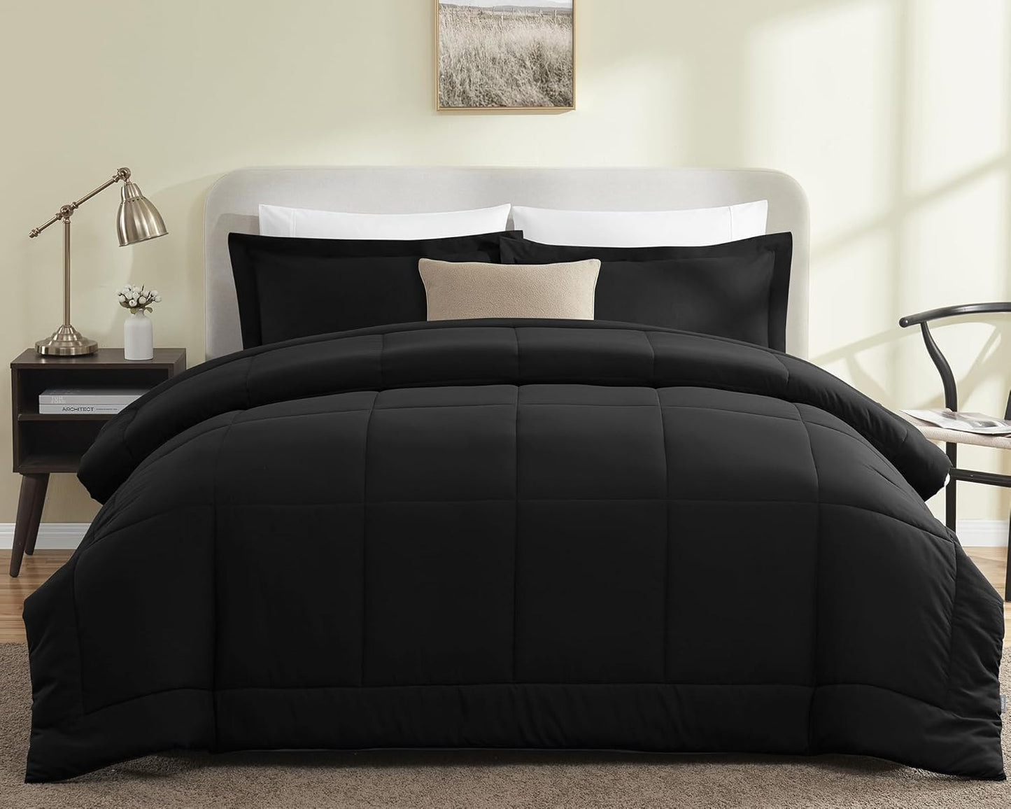 Queen Size Comforter Sets - Black Comforter Queen Size, 3 Pieces Box Stitched Soft Lightweight Bed Set, All Season Bedding Sets with 1 down Alternative Comforter and 2 Pillow Shams