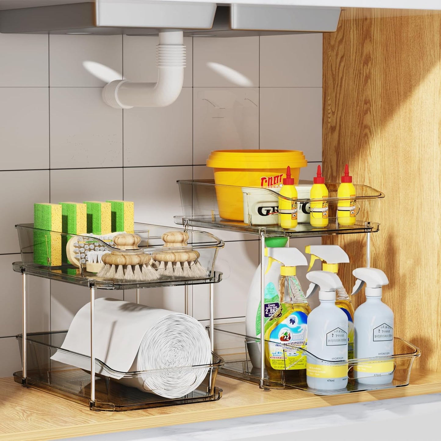 2 Sets of 2-Tier Clear under Sink Organizers and Storage, Multi-Purpose Stackable Bathroom Cabinet Organizers, Grey
