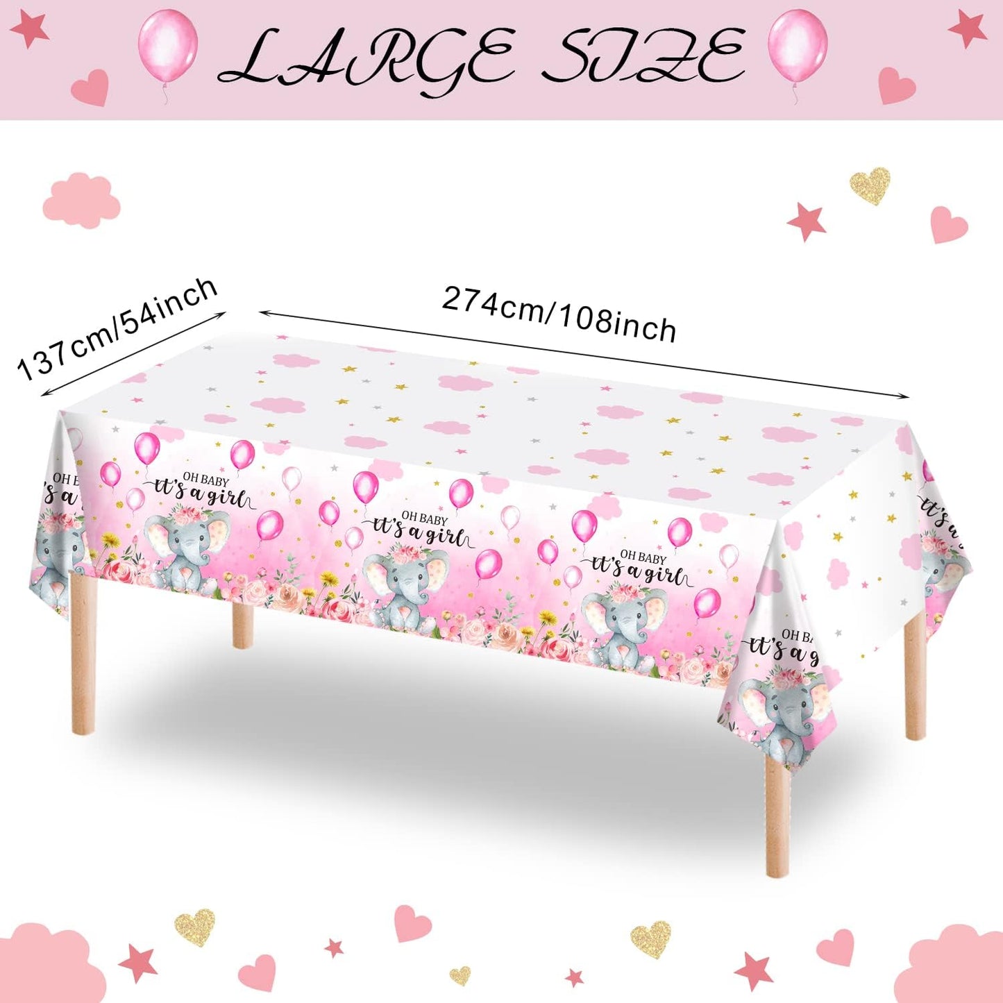 3 Pack Elephant Baby Shower Decorations - Plastic Tablecloth Table Cover Backdrop for Boy Girl Gender Party Supplies, 54 X 108 Inch, Pink