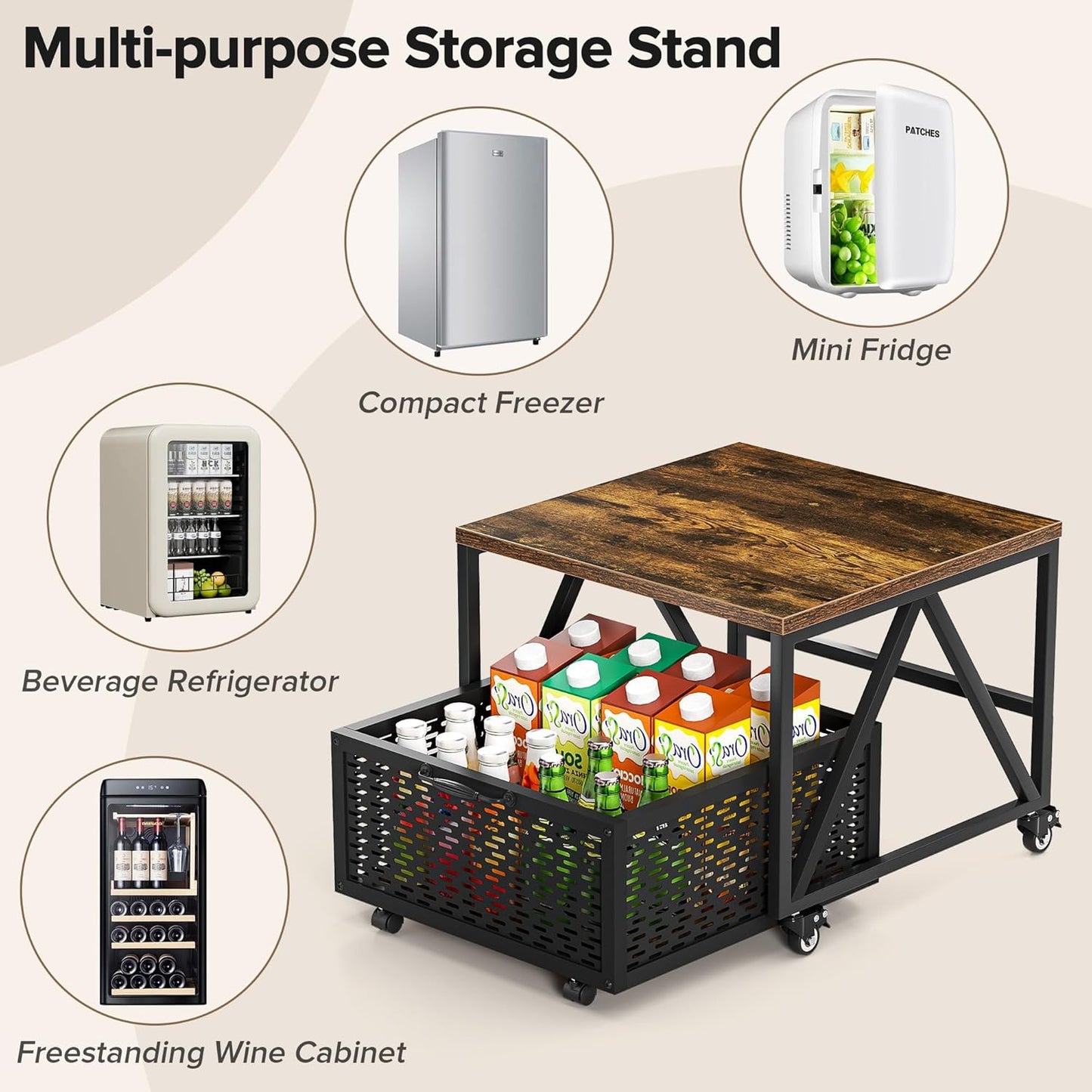 Mini Fridge Stand with Storage, Heavy Duty Fridge Cart with Drawer Basket, Mini Refrigerator Table for 220 LBS, Mobile Fridge Stand with Swivel Wheels for Dorm,Office,Home,Retro Brown