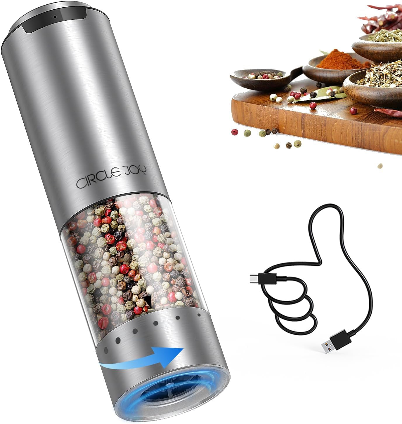 Electric Pepper Grinder Stainless Steel Rechargeable Pepper Mill with External Adjustable Coarseness, 95Ml Container and White LED Light, Silver