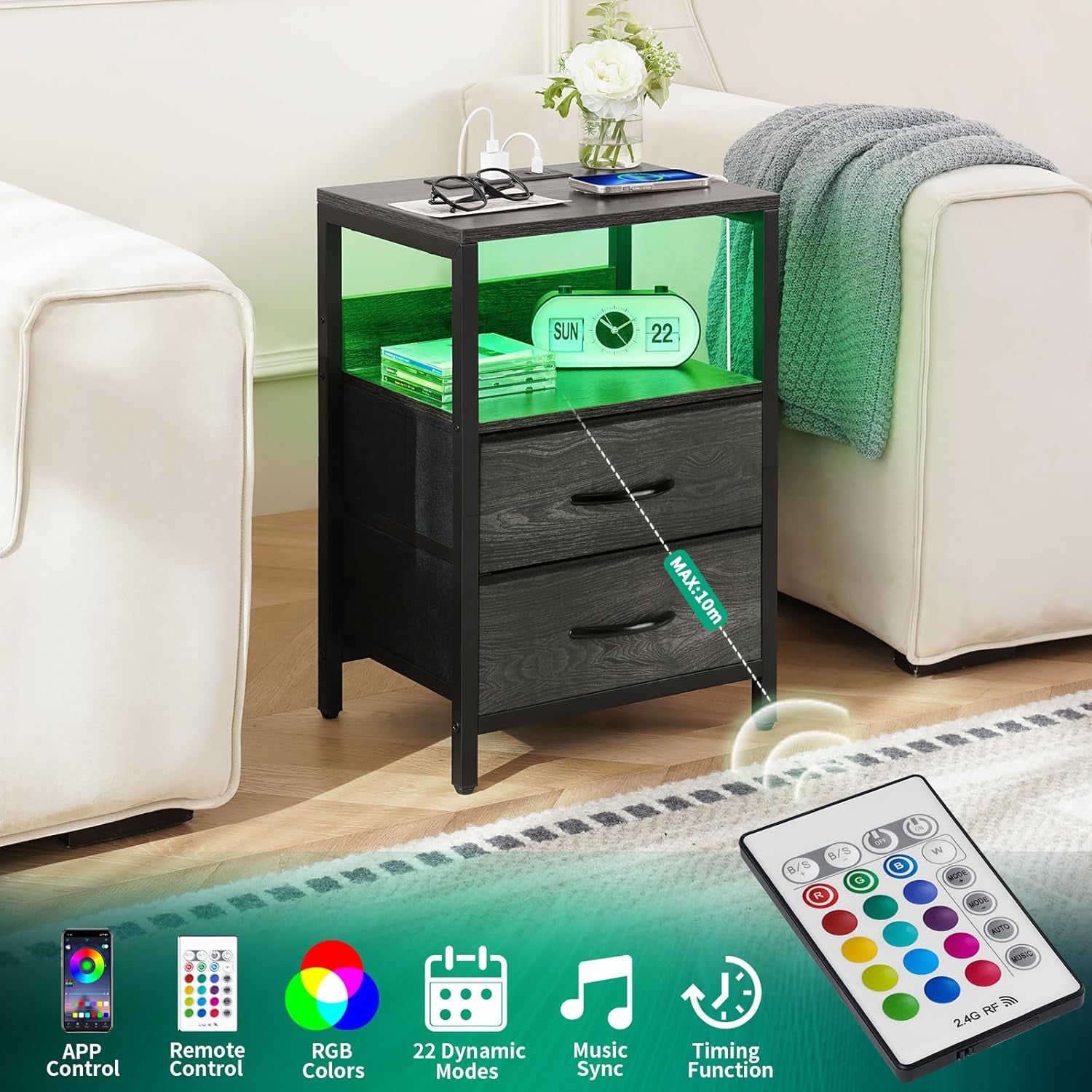 Nightstand with Charging Station, LED Night Stand with Fabric Drawers and Storage Shelf for Bedroom, Nightstands Bedside Tables with USB Ports & Outlets, Small Night Stands, Bed Side Table