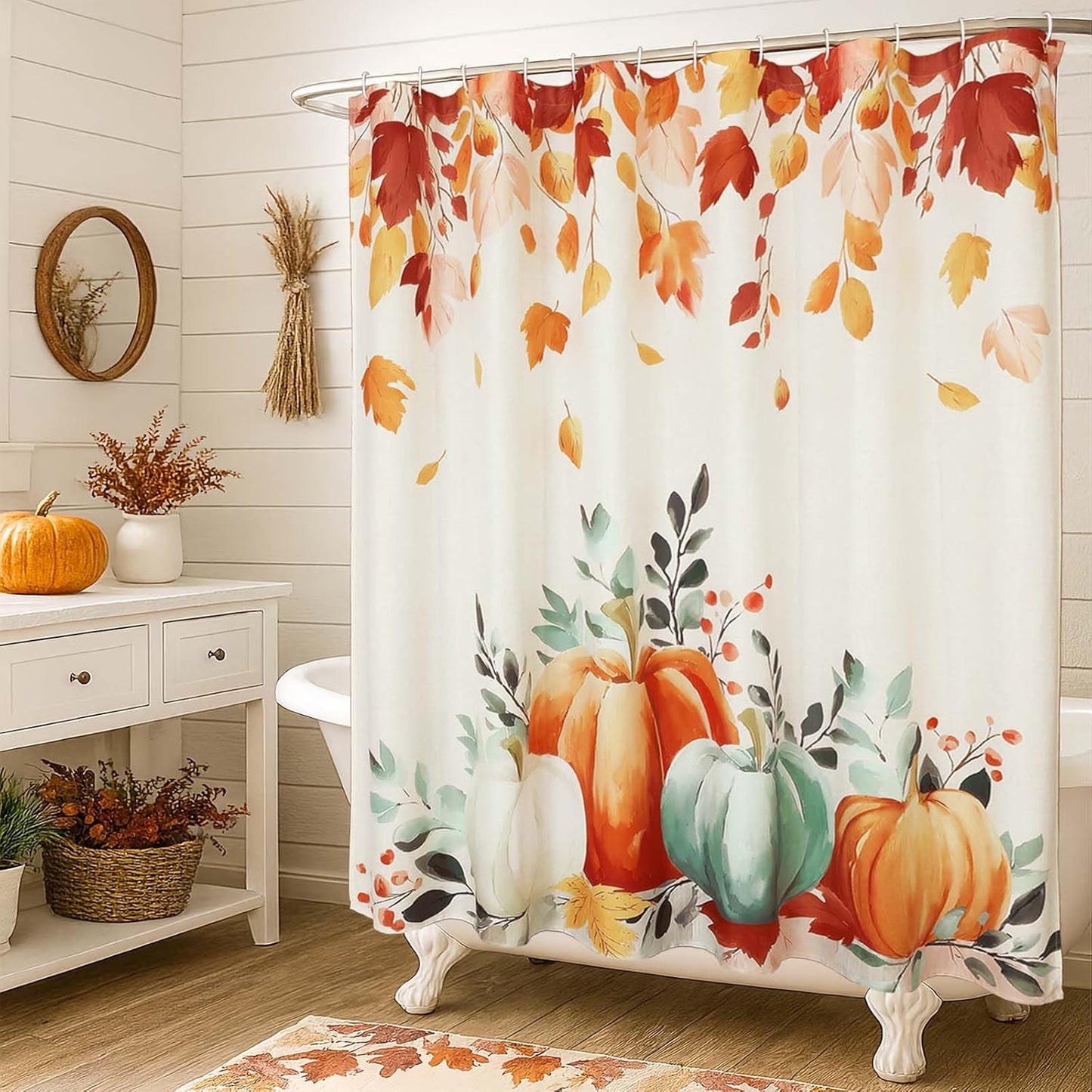 Fall Thanksgiving Shower Curtain, Waterproof Printed Harvest Autumn Floral Pumpkin Bathroom Curtain Decor, Farmhouse Halloween Shower Curtains for Bathroom, 72X72 Inch