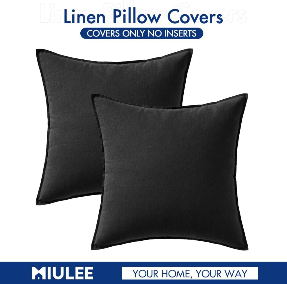 Pack of 2 Decorative Linen Pillow Covers Boho Farmhouse Modern Soft Accent Throw Pillows Neutral Cushion Covers for Sofa Couch Bed Living Room Home Decor, 18X18 Inch Black