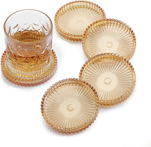 Modern Amber Glass Coaster Set of 5 - Elegant Round Coasters for Drinks, Ideal for Coffee Tables, Offices, Kitchens, Bars, Dining Rooms, Living Rooms, and Patios