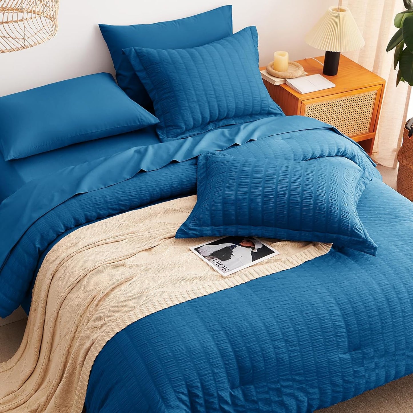 Full Seersucker Comforter Set with Teal Bed in a Bag 7-Pieces All Season Bedding Sets with Comforter, Pillow Sham, Flat Sheet, Fitted Sheet, Pillowcase