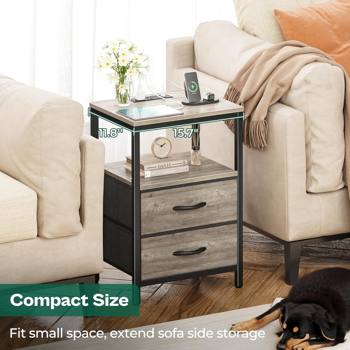 Oak Nightstand with Charging Station, Fabric Drawers, Open Shelf, USB Ports, and Outlets for Bedroom Use