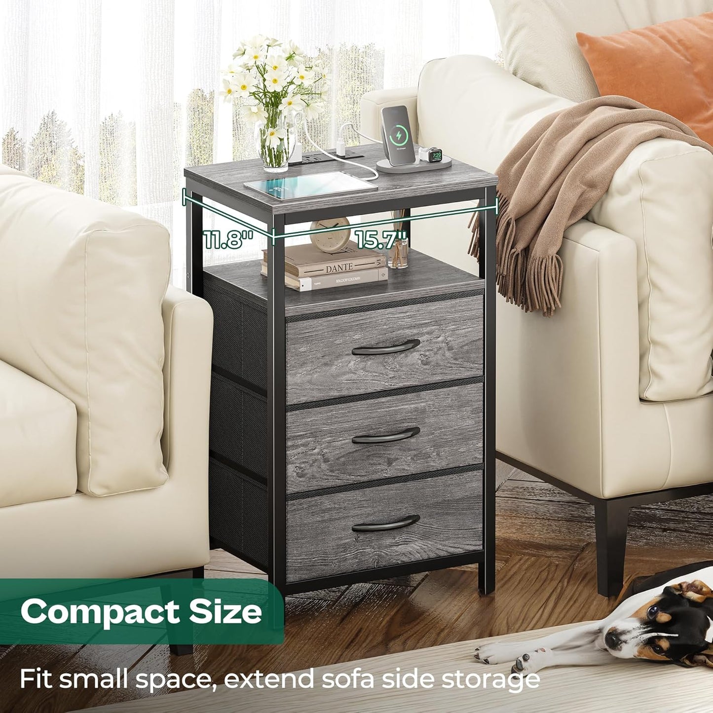 27.6-Inch Nightstand with Integrated Charging Station, End Table with USB Ports and Outlets, Bedroom Night Stand Featuring Fabric Drawers in Grey