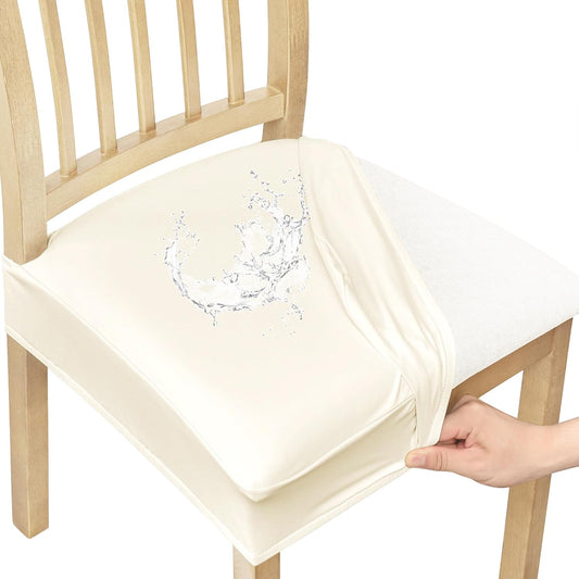 Waterproof Seat Covers for Chairs Set of 2, Stretch Pu Leather Removable Washable Dining Room Chair Seat Slipcovers Protector, No Rear Covers, Beige