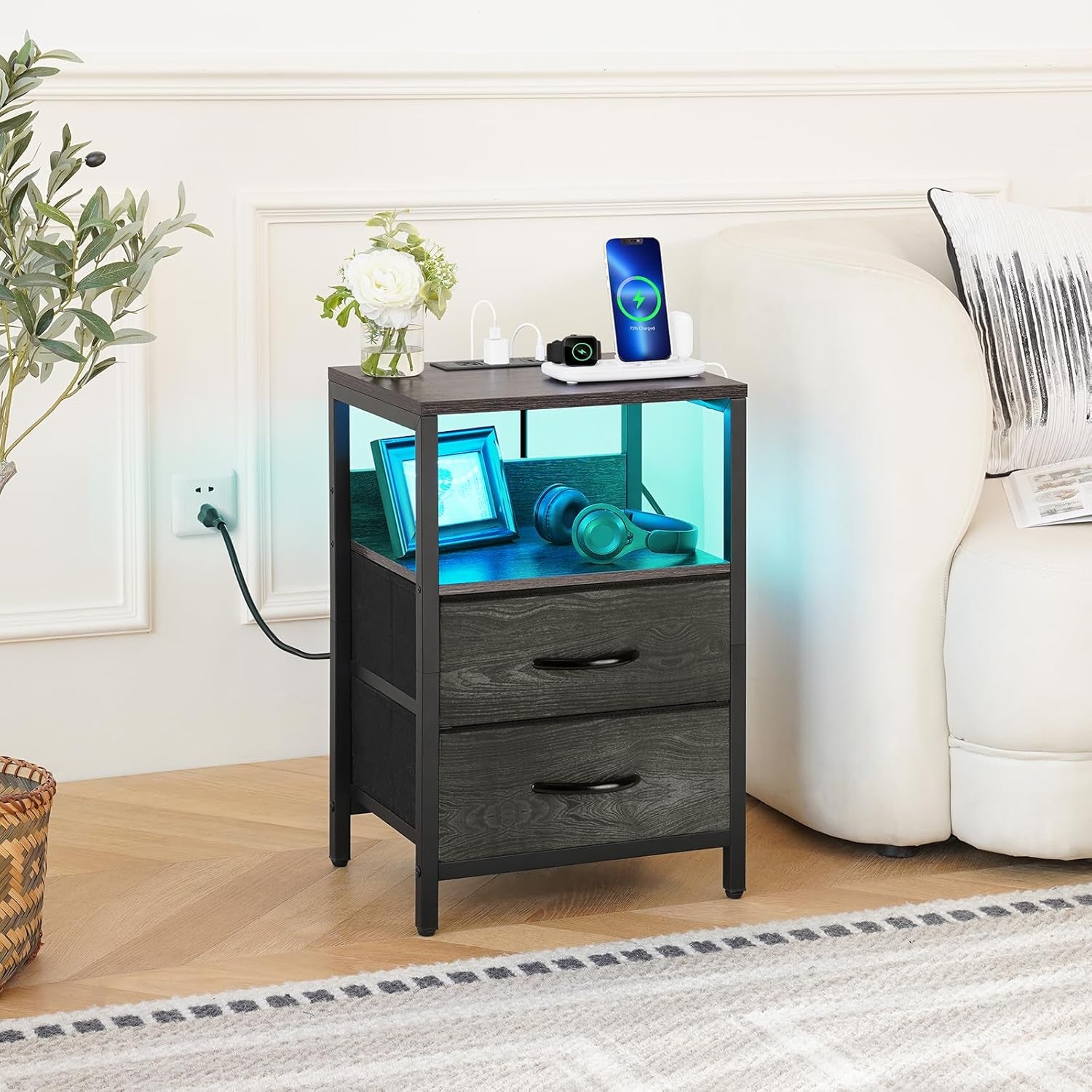 Nightstand with Charging Station, LED Night Stand with Fabric Drawers and Storage Shelf for Bedroom, Nightstands Bedside Tables with USB Ports & Outlets, Small Night Stands, Bed Side Table