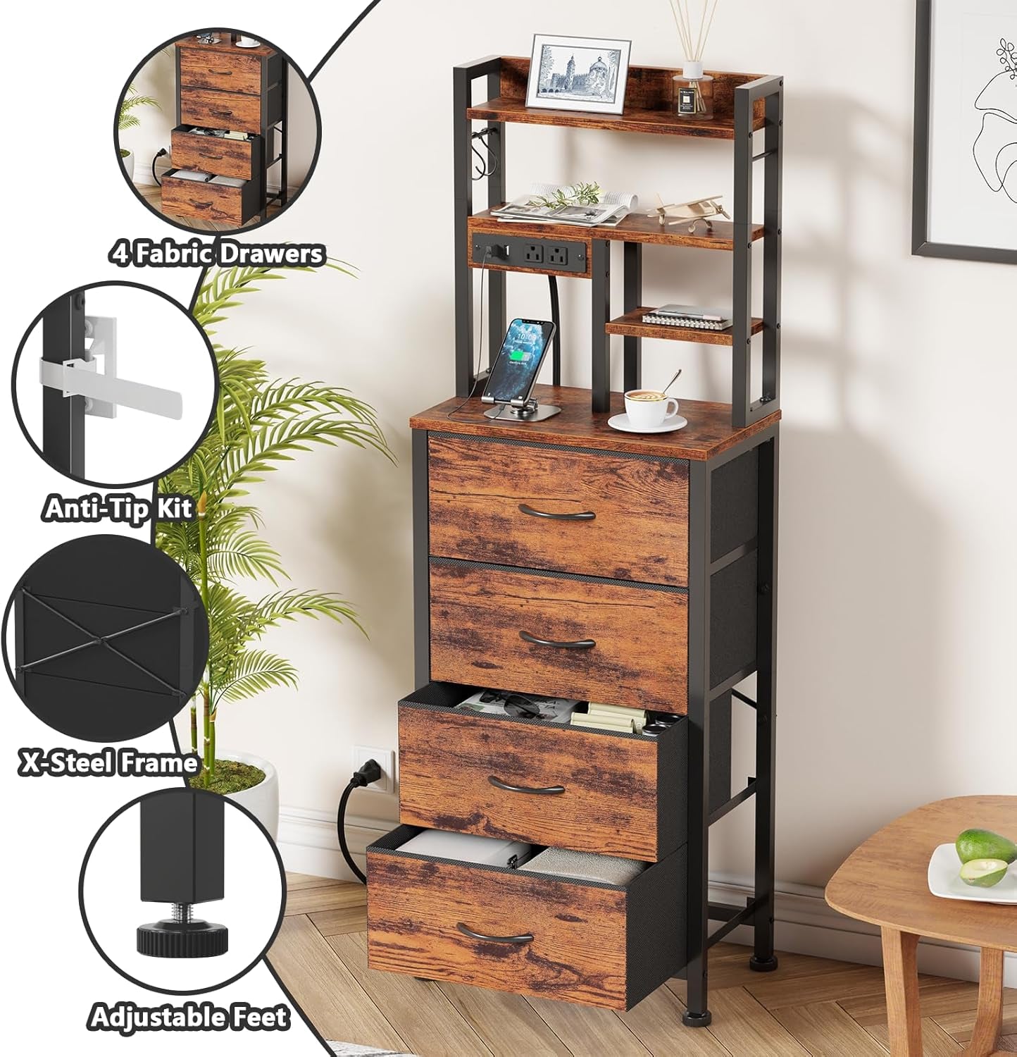 Tall Nightstand with LED Charging Station, USB Ports, Four Fabric Drawers, and Four-Tier Storage Shelf - Rustic Brown Bedside Table for Bedroom, Home, Dorm, and Office