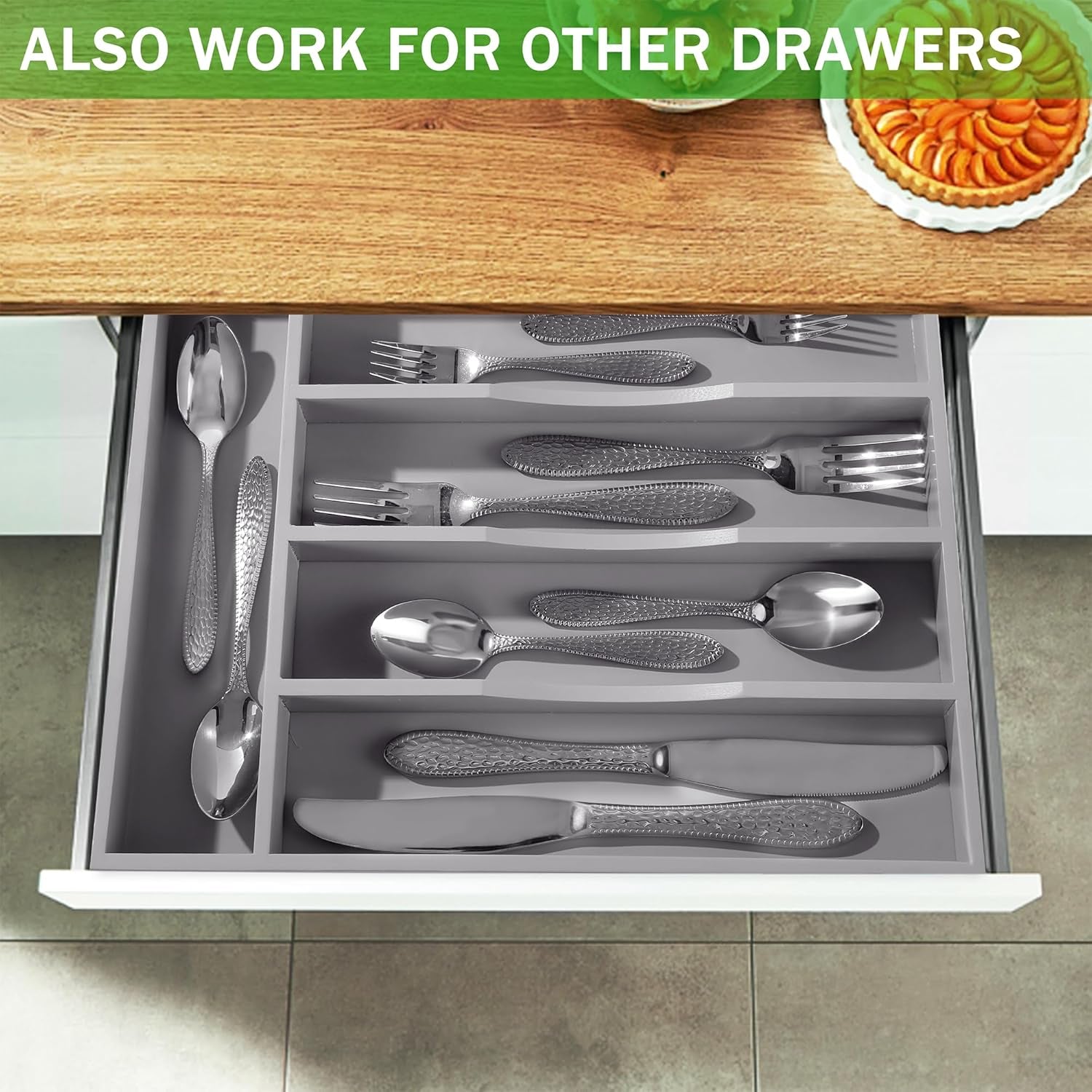 Gray Silverware Organizer 10 in Utensil Organizer Silverware Tray for Drawer Cutlery Flatware Organizer for Kitchen Bamboo Wood