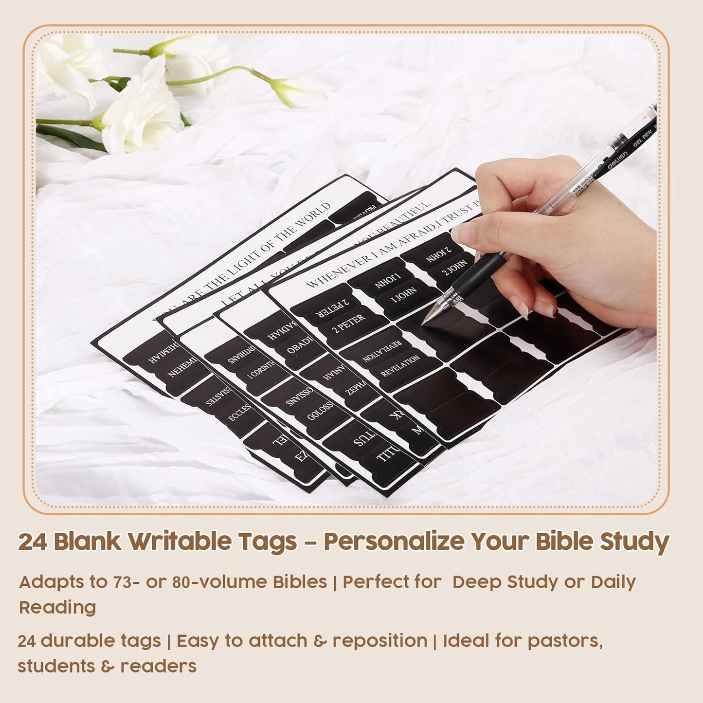 Black Bible Tabs for Men - Paper Index Tabs for Scripture Study & Chapter Markers, 66 Bible Tabs Old and New Testament and 24 Blank Custom Tabs