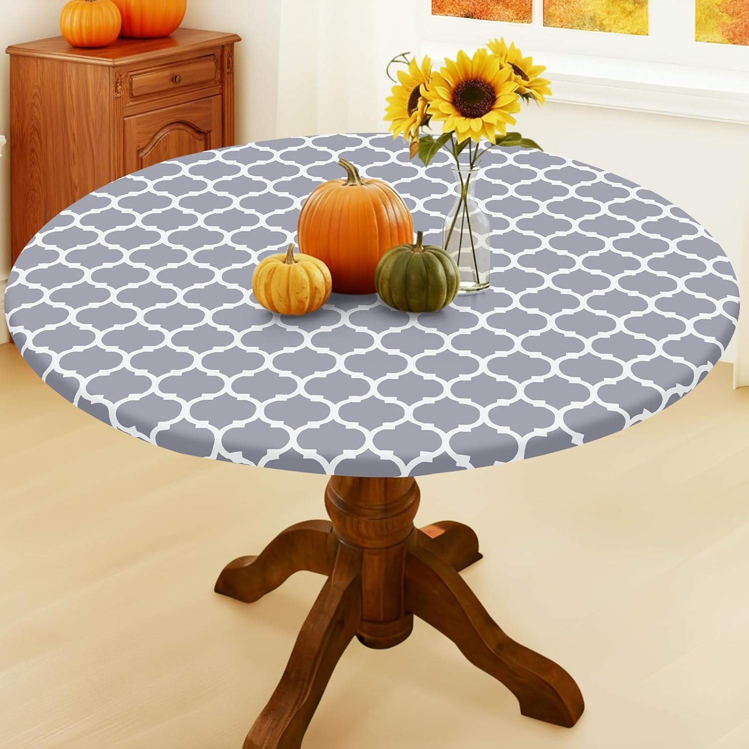 round Picnic Tablecloth, Waterproof Elastic Fitted Table Covers for 36" - 44" Tables, Wipeable Flannel Backed Vinyl Tablecloths for Camping, Indoor, Outdoor, Grey & White