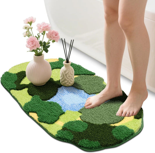 Soft Fluffy Green Moss Bath Rugs 20"X35" Non Slip Bath Mats Cute Fun Irregular Unique Bathroom Rugs Absorbent Carpet for Bathroom Shower Tub Bedroom Rug Decor, Multigreen Moss Blue Pond