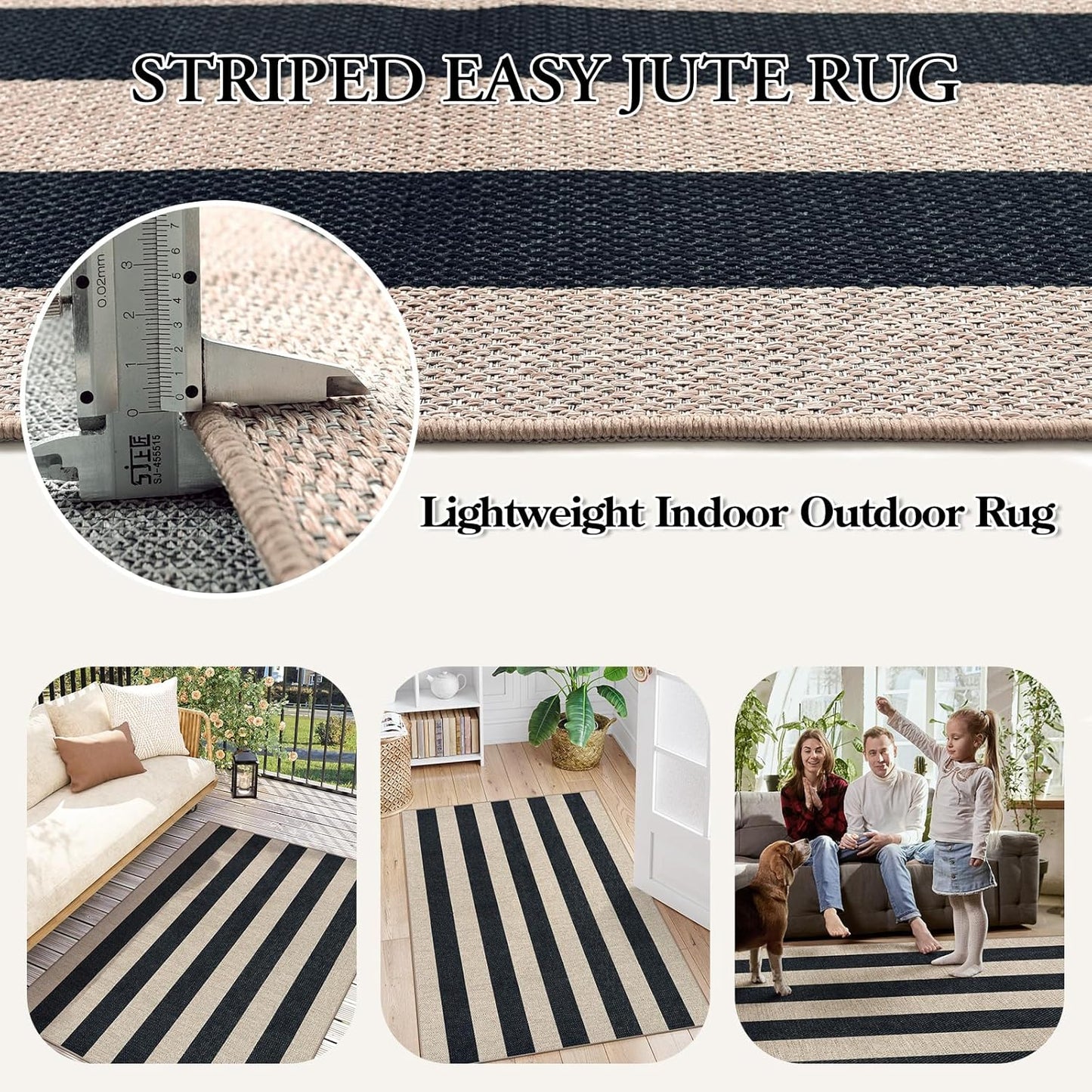 Striped Easy Jute Outdoor Patio Rug, 3X5 Washable Rugs for Entryway Porch, Farmhouse Neutral Non Shedding Indoor Outdoor Carpet for Entry Kitchen Guestroom Deck Foyer