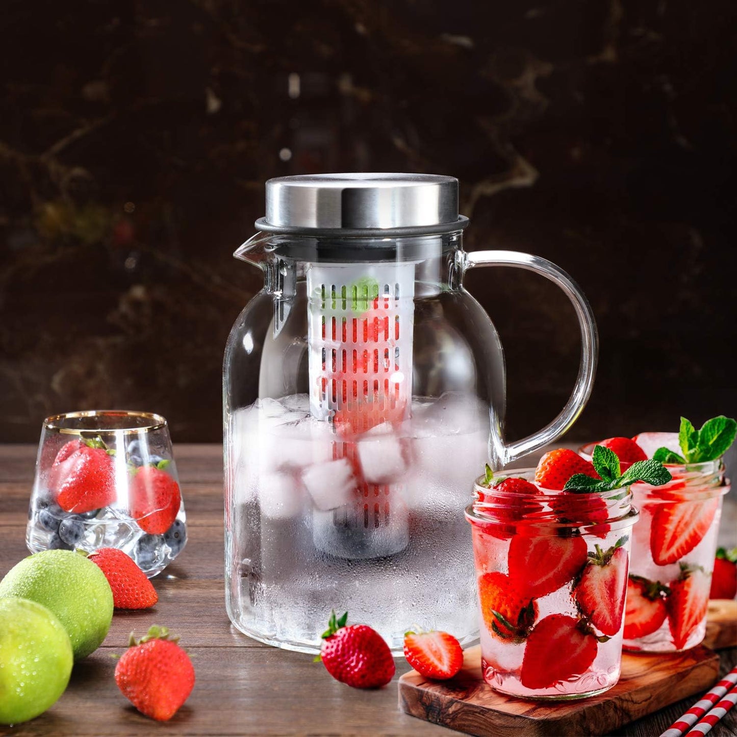 Glass Water Pitcher, Fruit Infuser Pitcher with Removable Lid, High Heat Resistance Infusion Carafe for Hot/Cold Water, Flavor-Infused Beverage & Iced Tea - 2 Qt